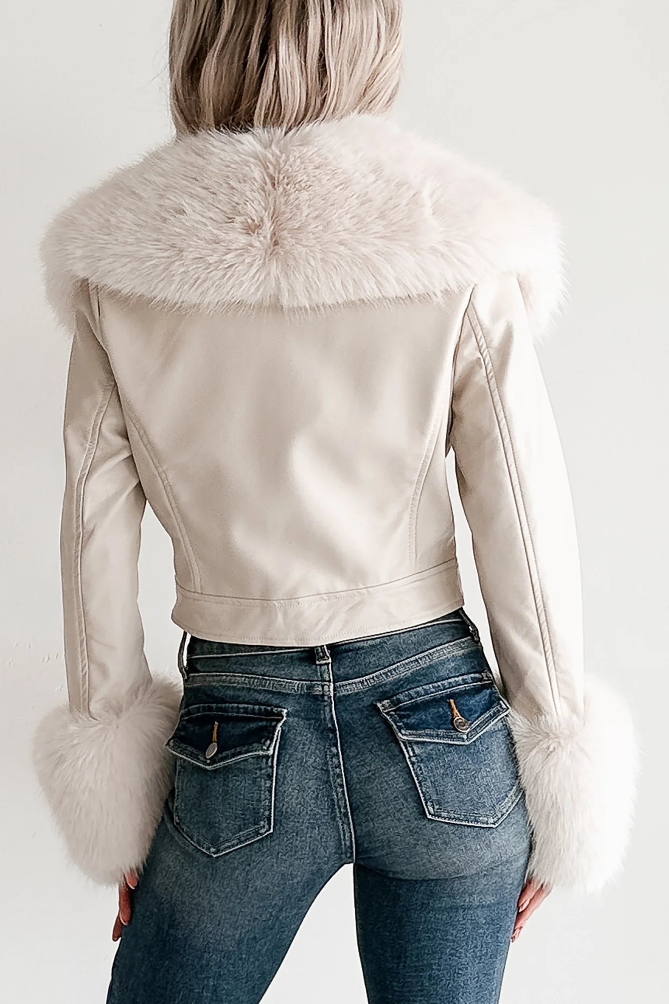 Frosted Elegance Faux Fur Trim Faux Leather Jacket (Cream) - Image 5
