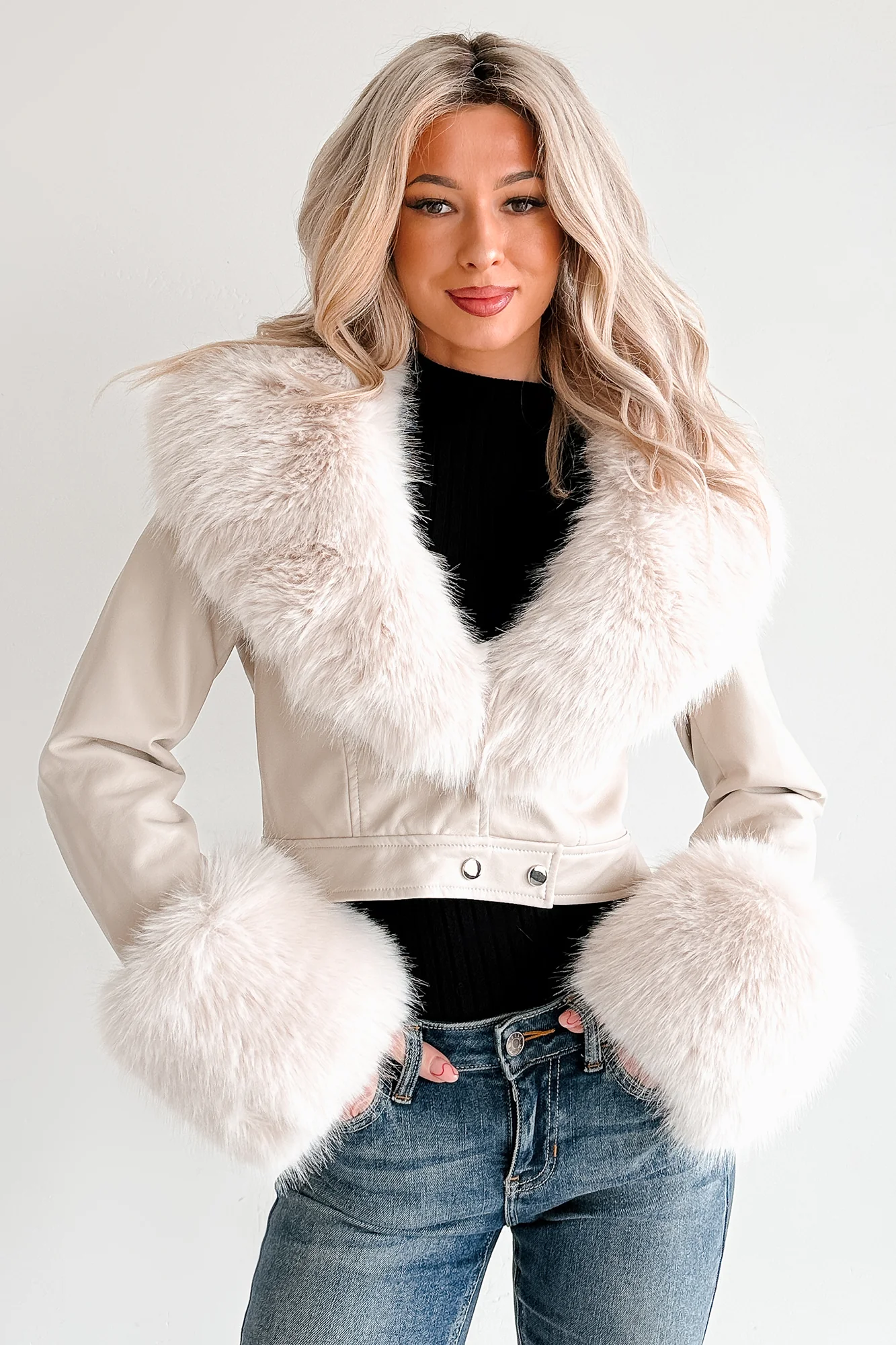 Frosted Elegance Faux Fur Trim Faux Leather Jacket (Cream) - Image 6