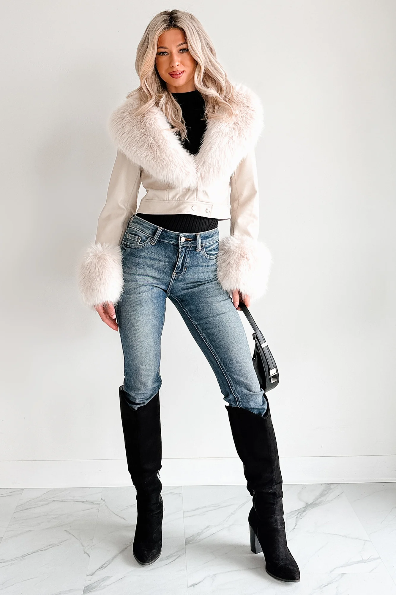 Frosted Elegance Faux Fur Trim Faux Leather Jacket (Cream) - Image 7