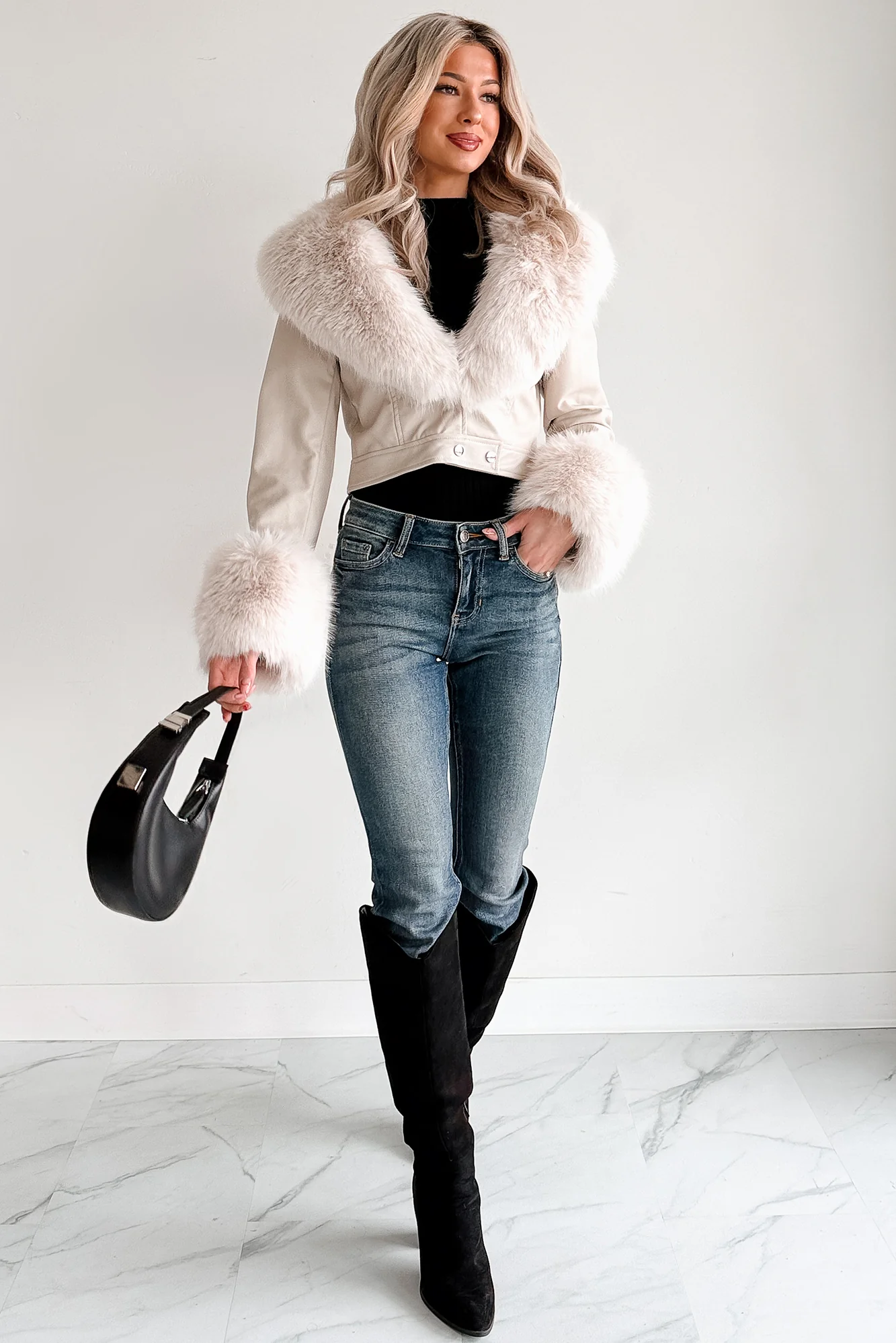 Frosted Elegance Faux Fur Trim Faux Leather Jacket (Cream) - Image 8