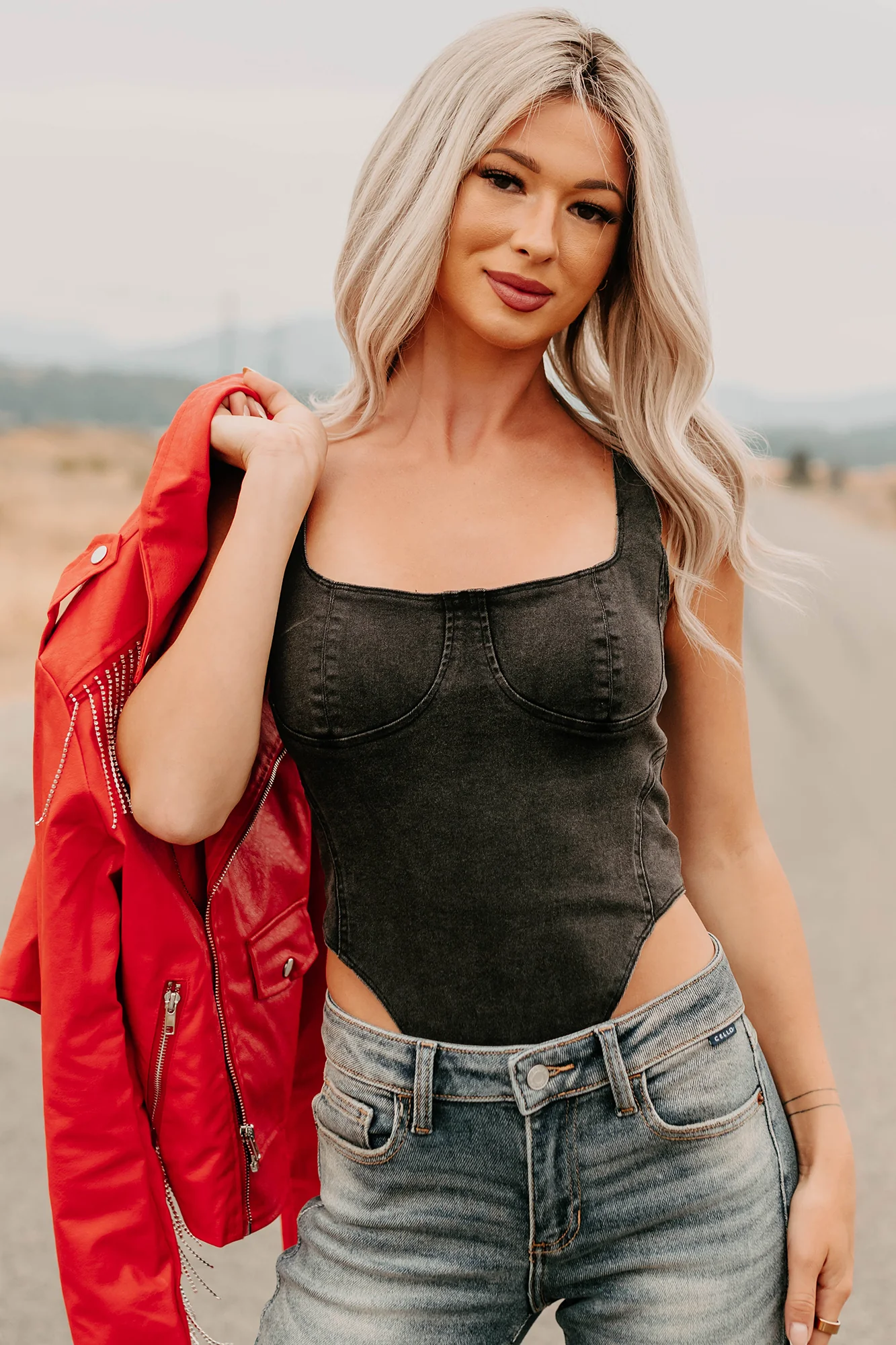 Fueled By Confidence Signature 8 Stretchy Denim Bodysuit (Washed Black) - Image 11