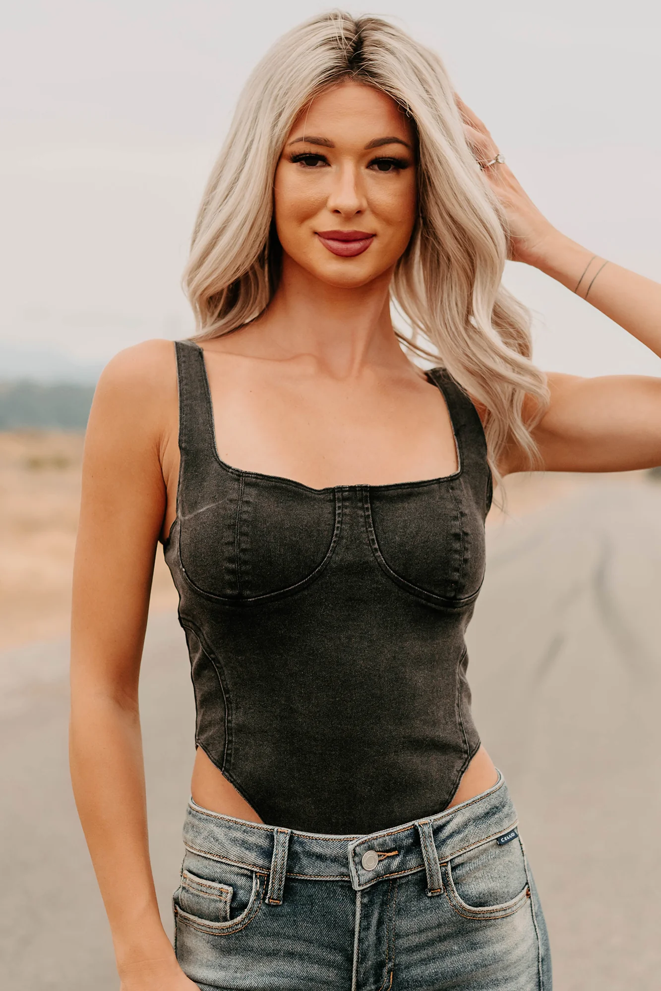 Fueled By Confidence Signature 8 Stretchy Denim Bodysuit (Washed Black) - Image 14