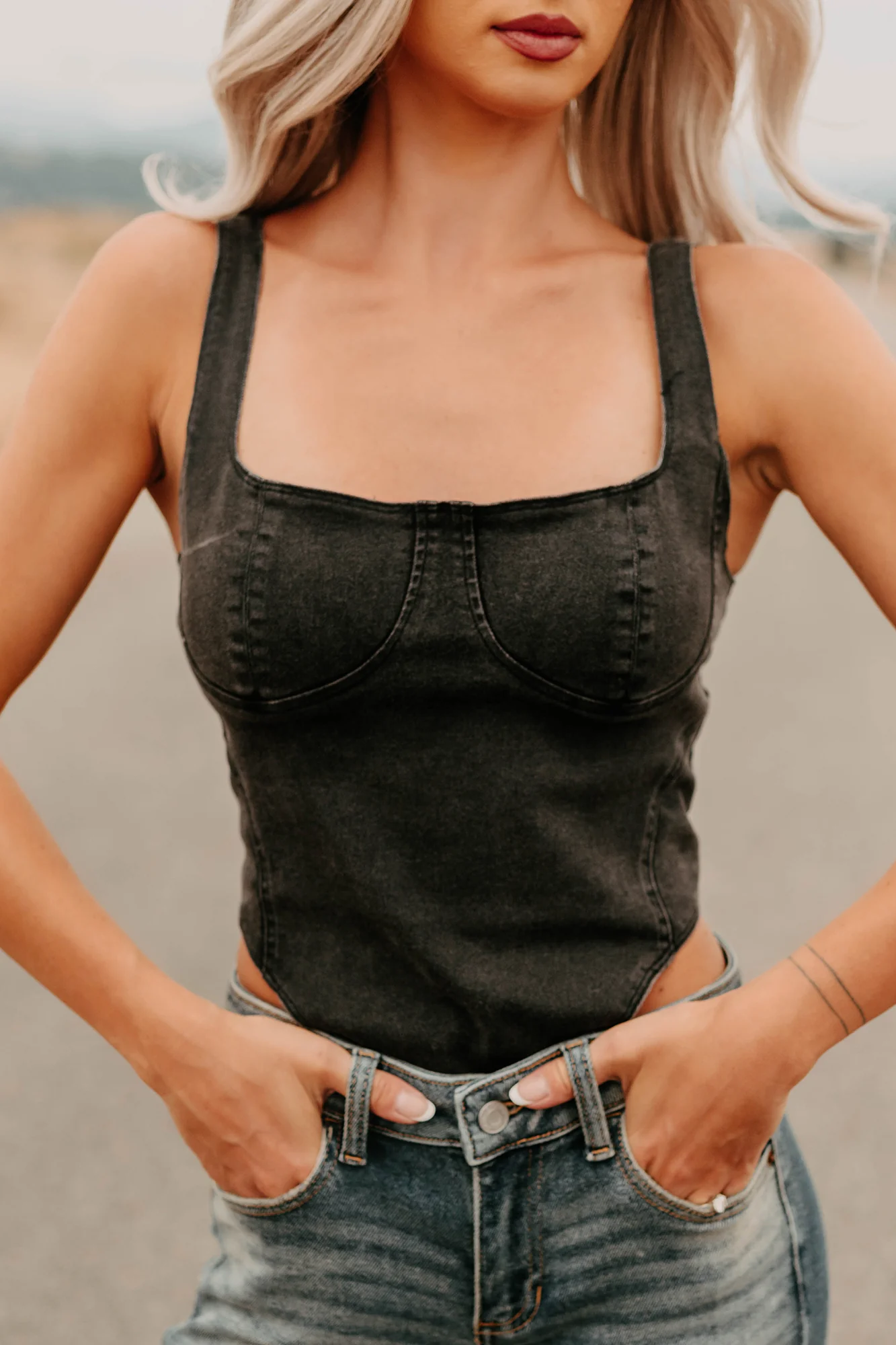 Fueled By Confidence Signature 8 Stretchy Denim Bodysuit (Washed Black) - Image 15