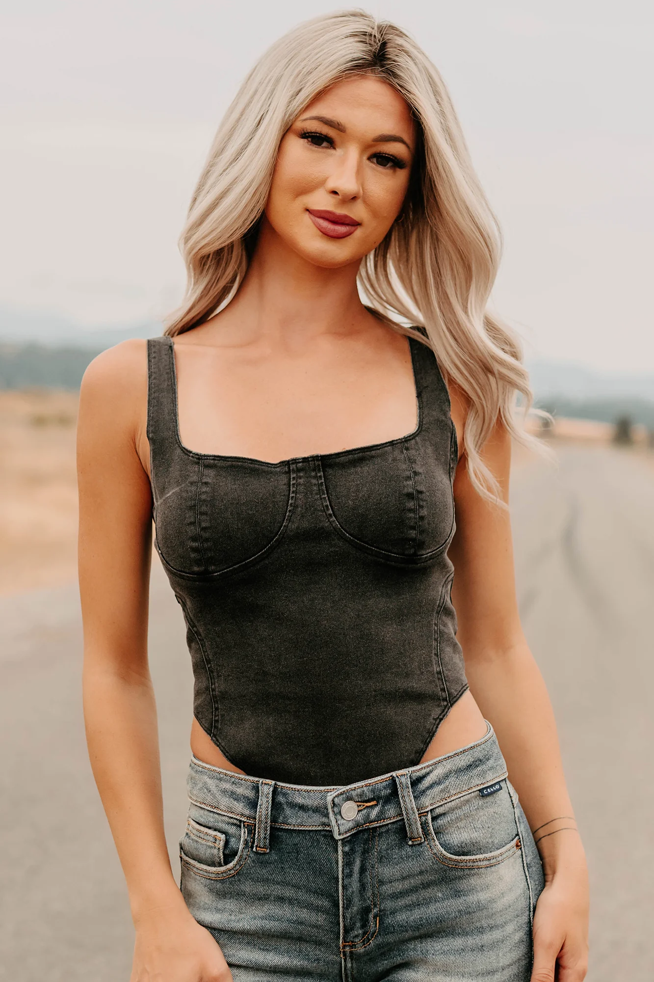 Fueled By Confidence Signature 8 Stretchy Denim Bodysuit (Washed Black) - Image 2