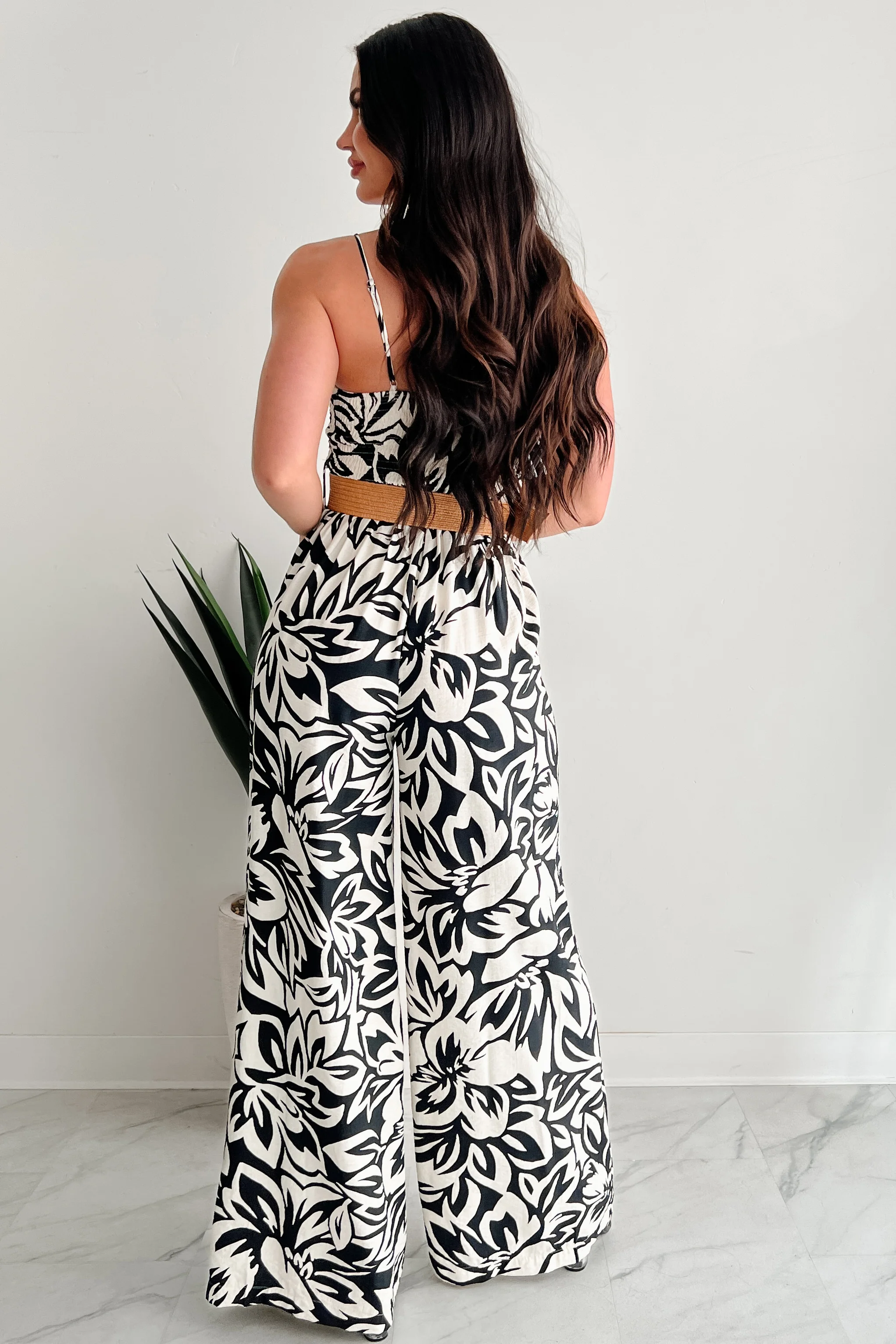 Garden Glimmer Belted Wide Leg Jumpsuit (Black/Ivory) - Image 3