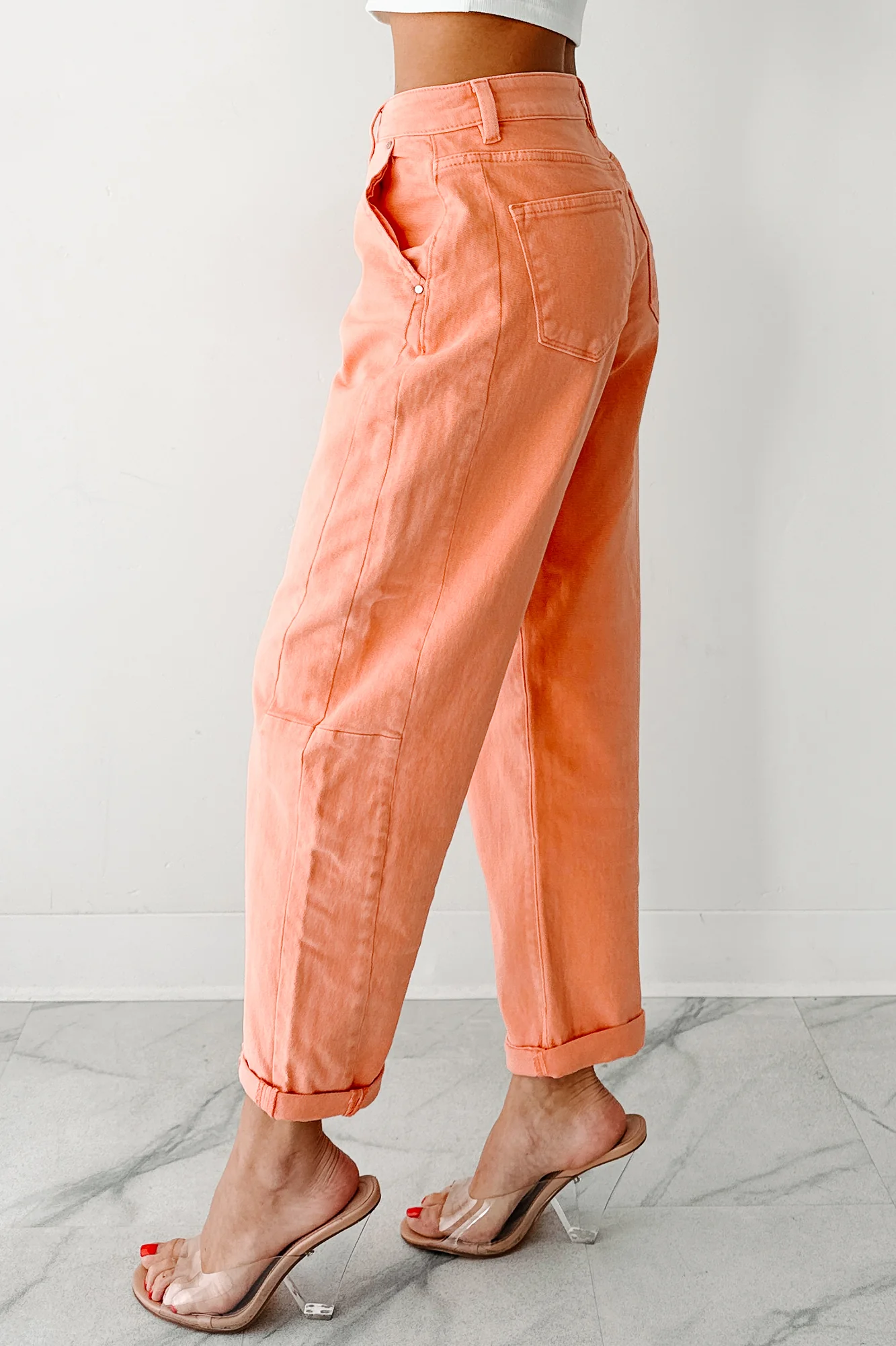 Geppetto High Rise Stretchy Barrel Risen Jeans (Coral Peach) - Image 6