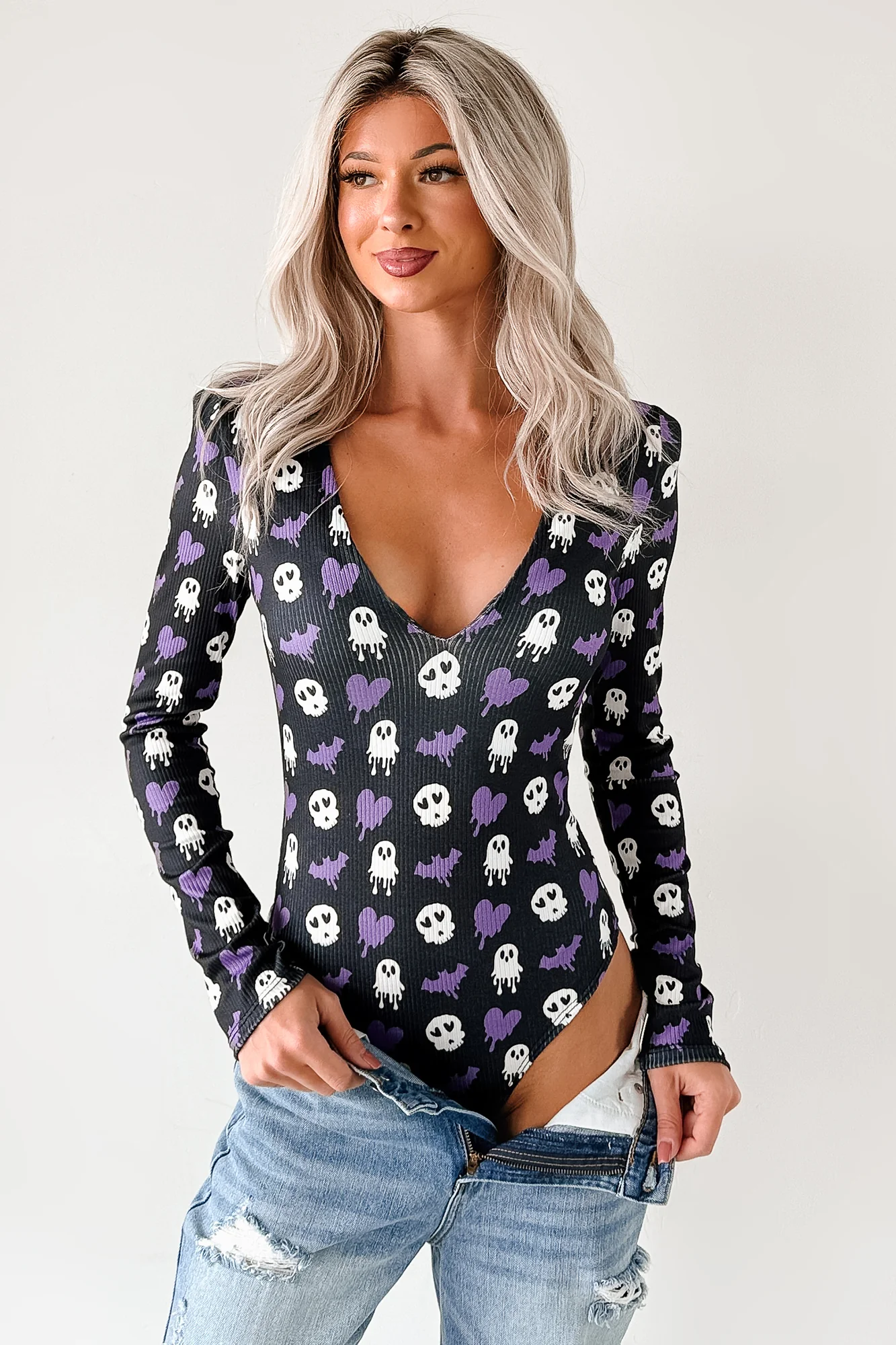 Ghoul's Night Out NM Original Padded V-Neck Bodysuit (Purple Ghouls) - Image 11