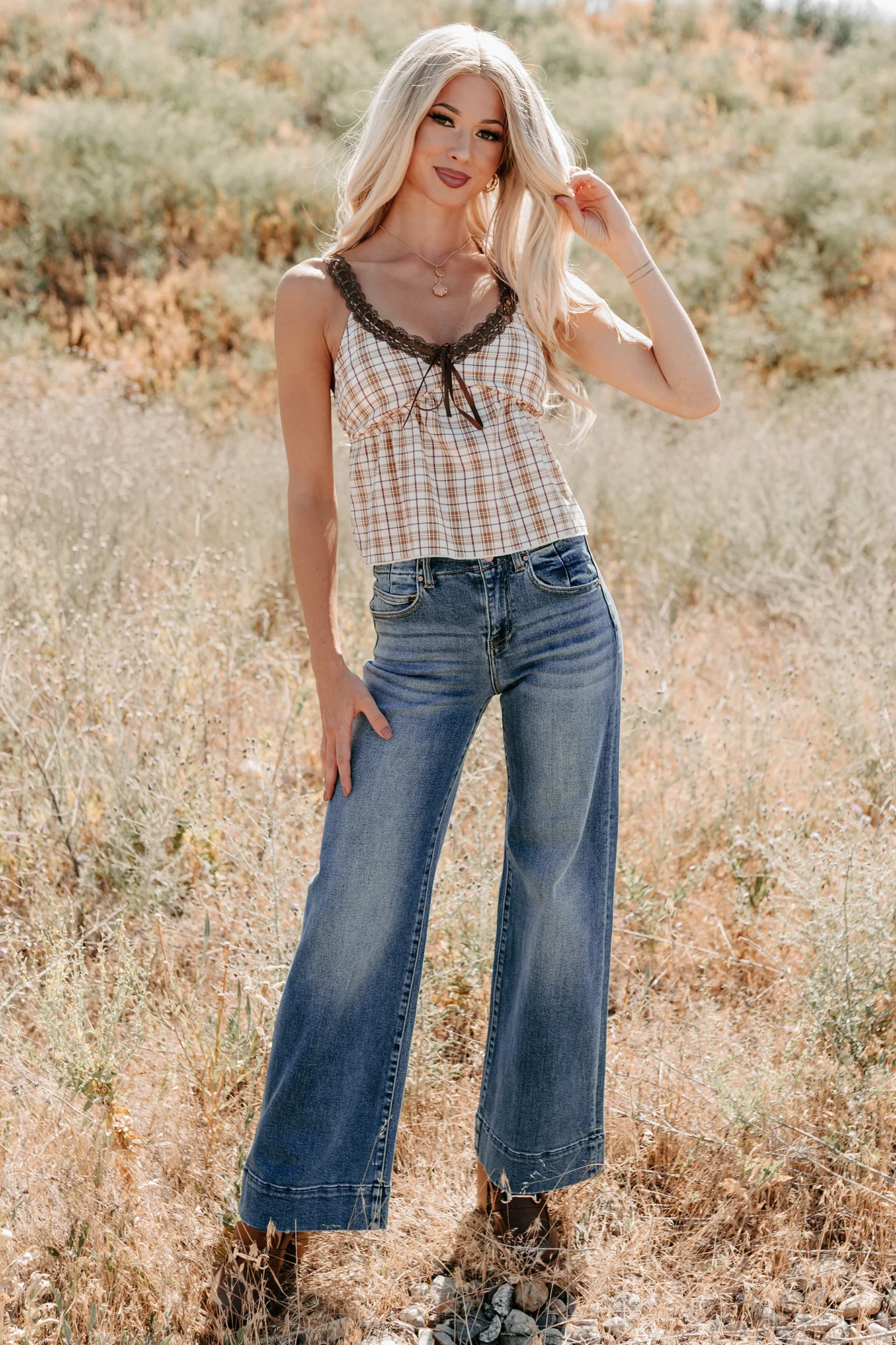 Girly & Dreamy Plaid Tank Top (Cream/Brown) - Image 2