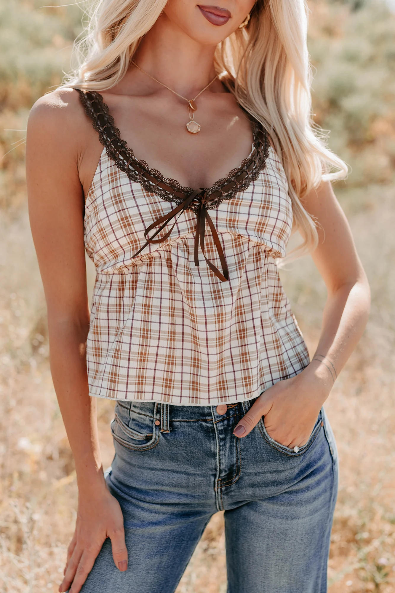 Girly & Dreamy Plaid Tank Top (Cream/Brown) - Image 3