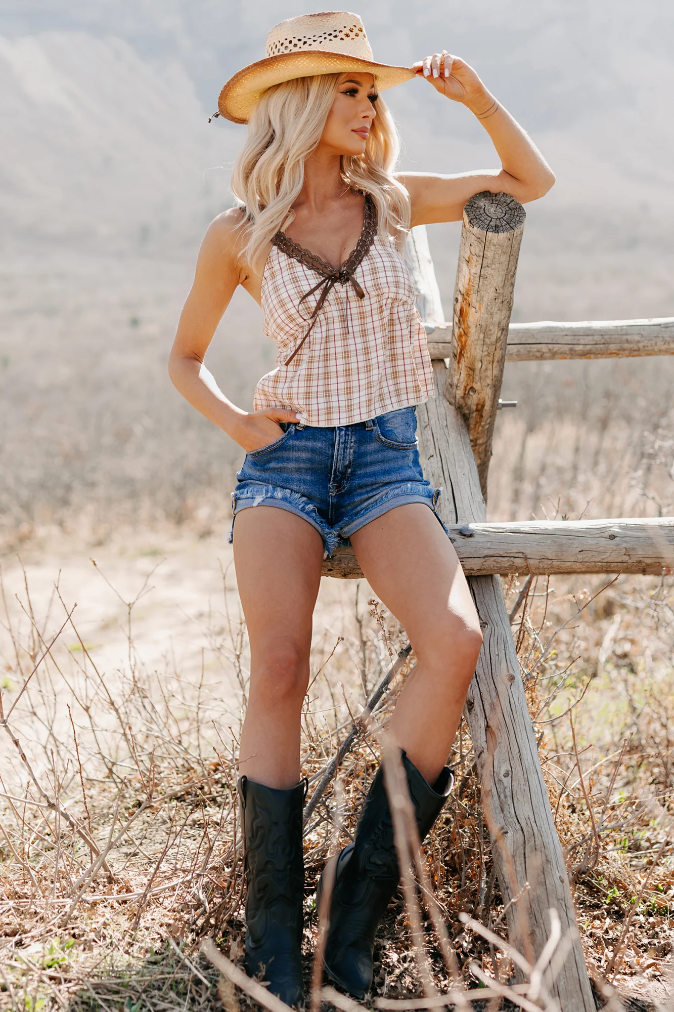 Girly & Dreamy Plaid Tank Top (Cream/Brown) - Image 5
