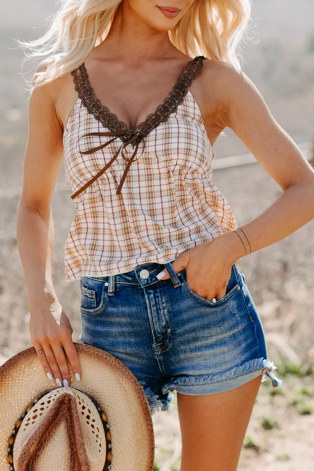 Girly & Dreamy Plaid Tank Top (Cream/Brown) - Image 6