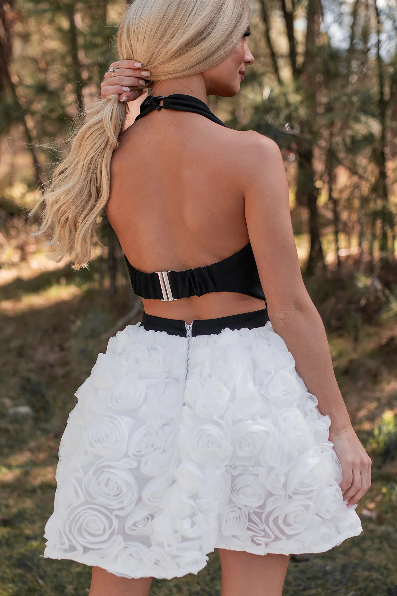 Give Em' Glam Rose Textured Halter Mini Dress (White/Black) - Image 5