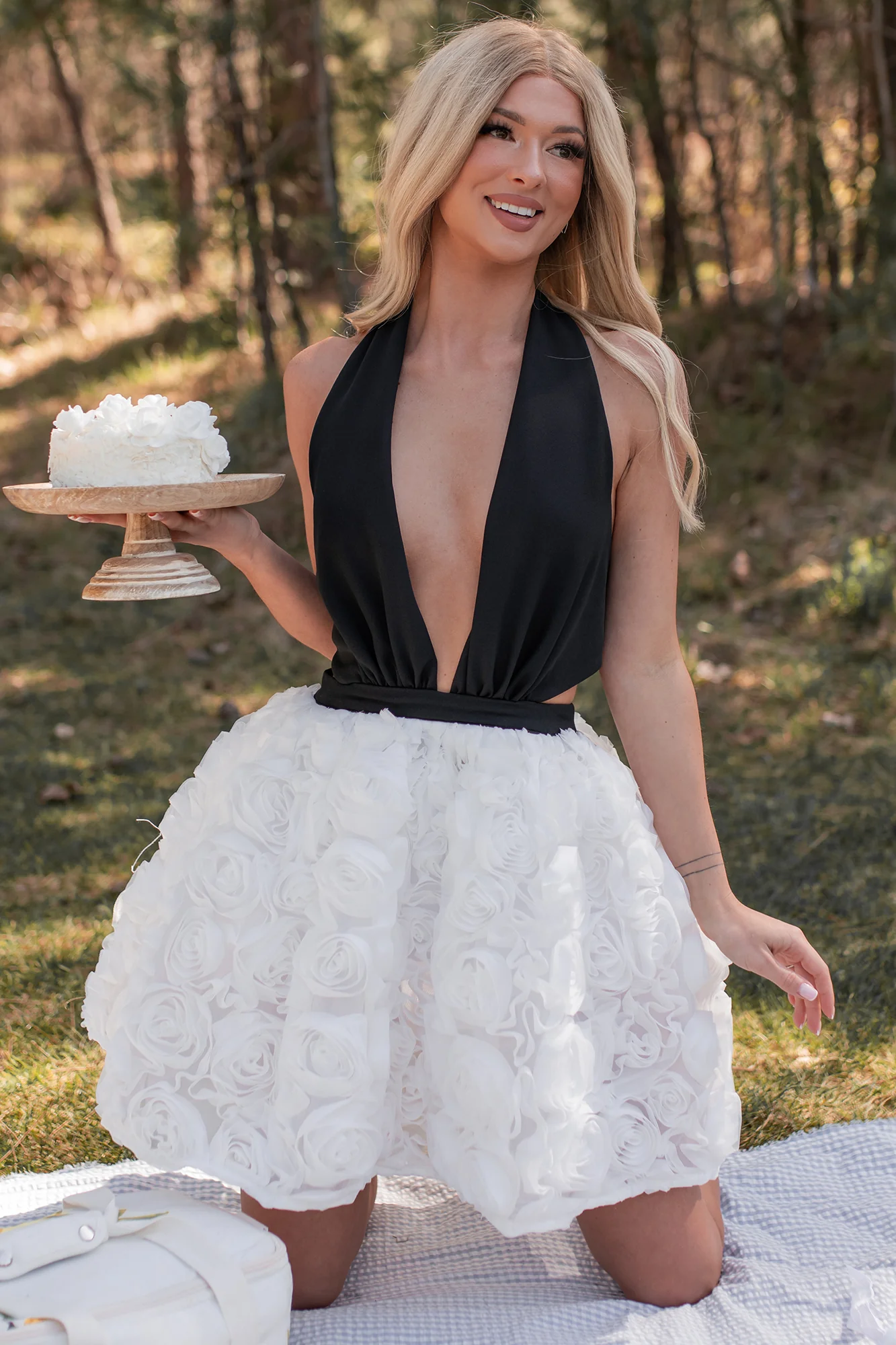Give Em' Glam Rose Textured Halter Mini Dress (White/Black) - Image 6