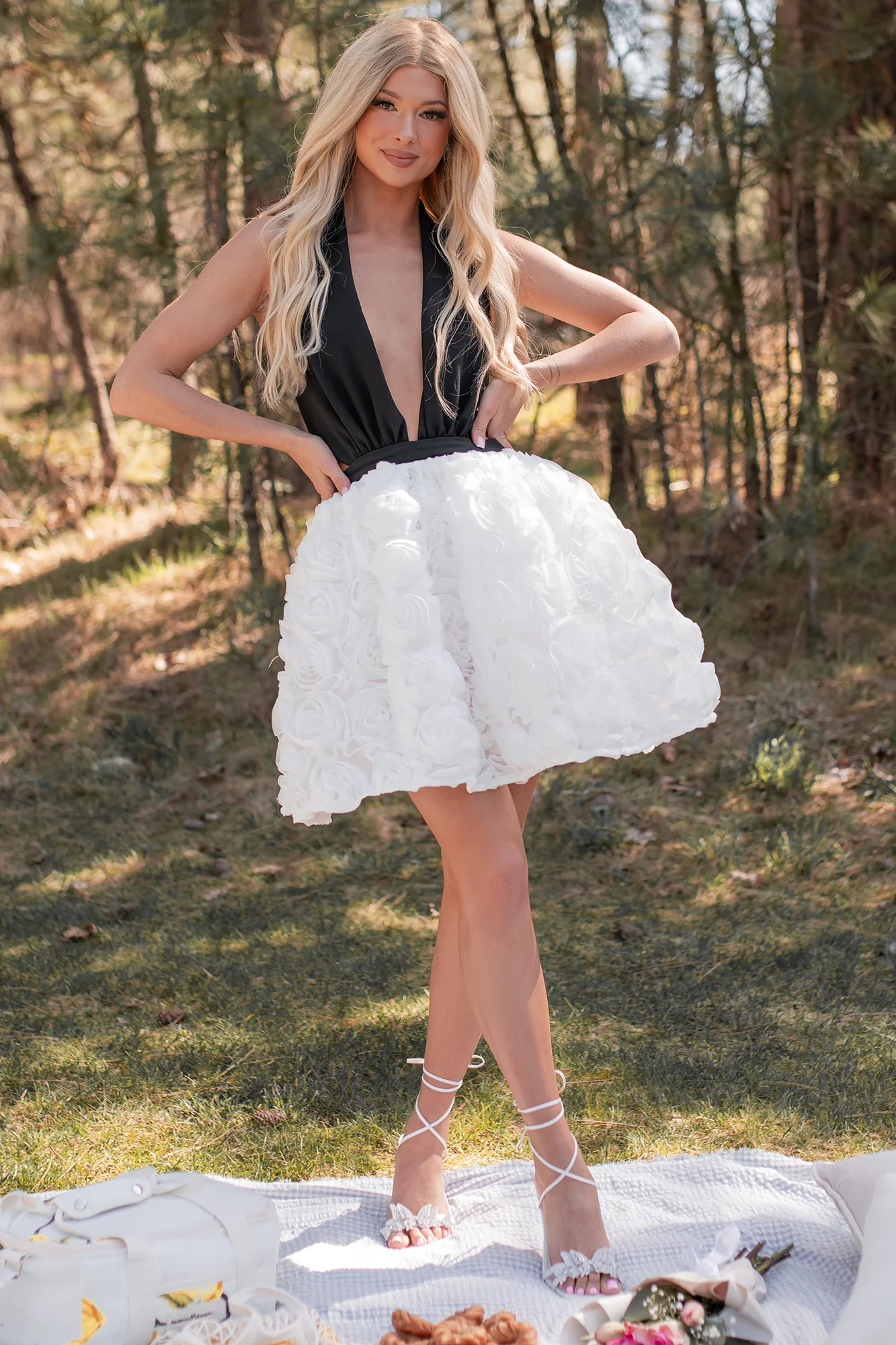 Give Em' Glam Rose Textured Halter Mini Dress (White/Black) - Image 7