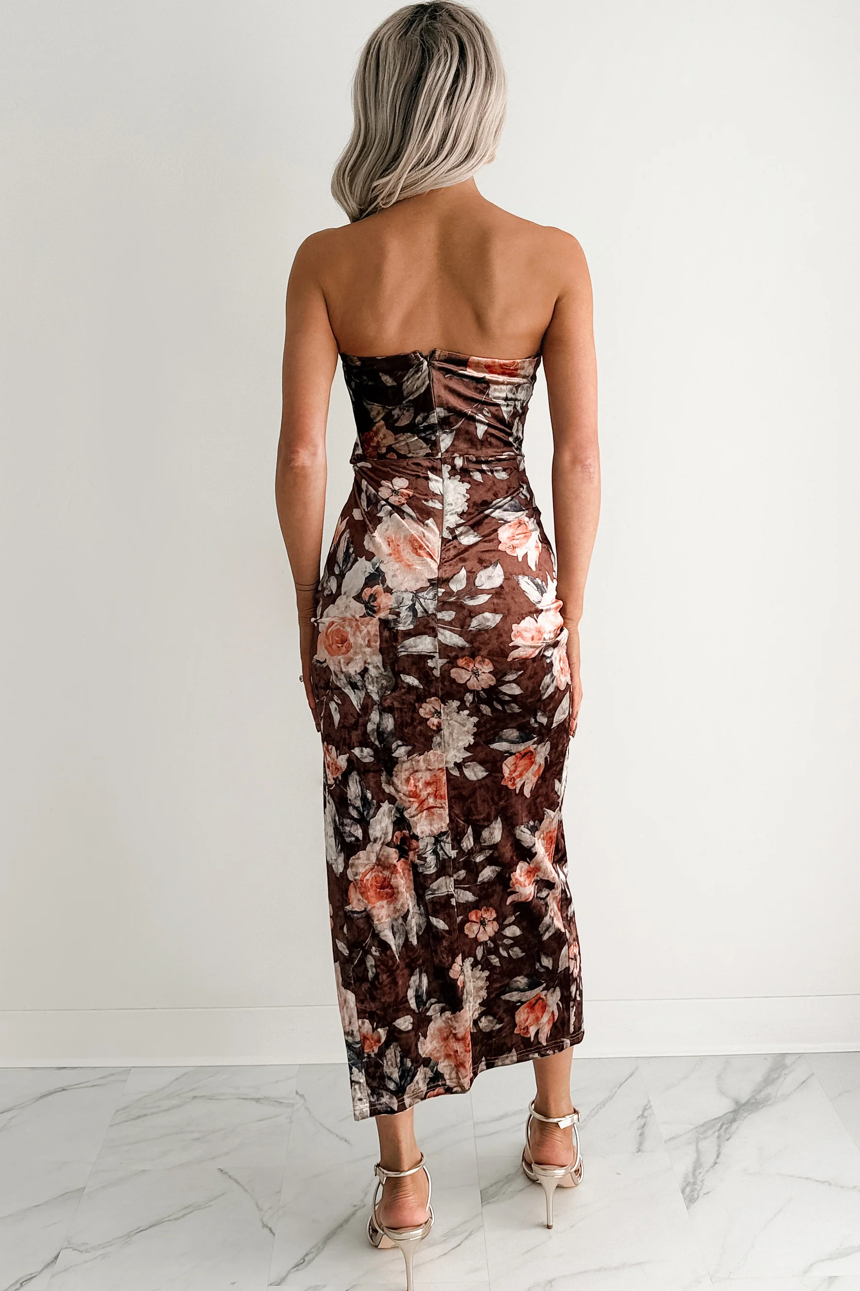 Give & Grow Strapless Velvet Midi Dress (Brown) - Image 3