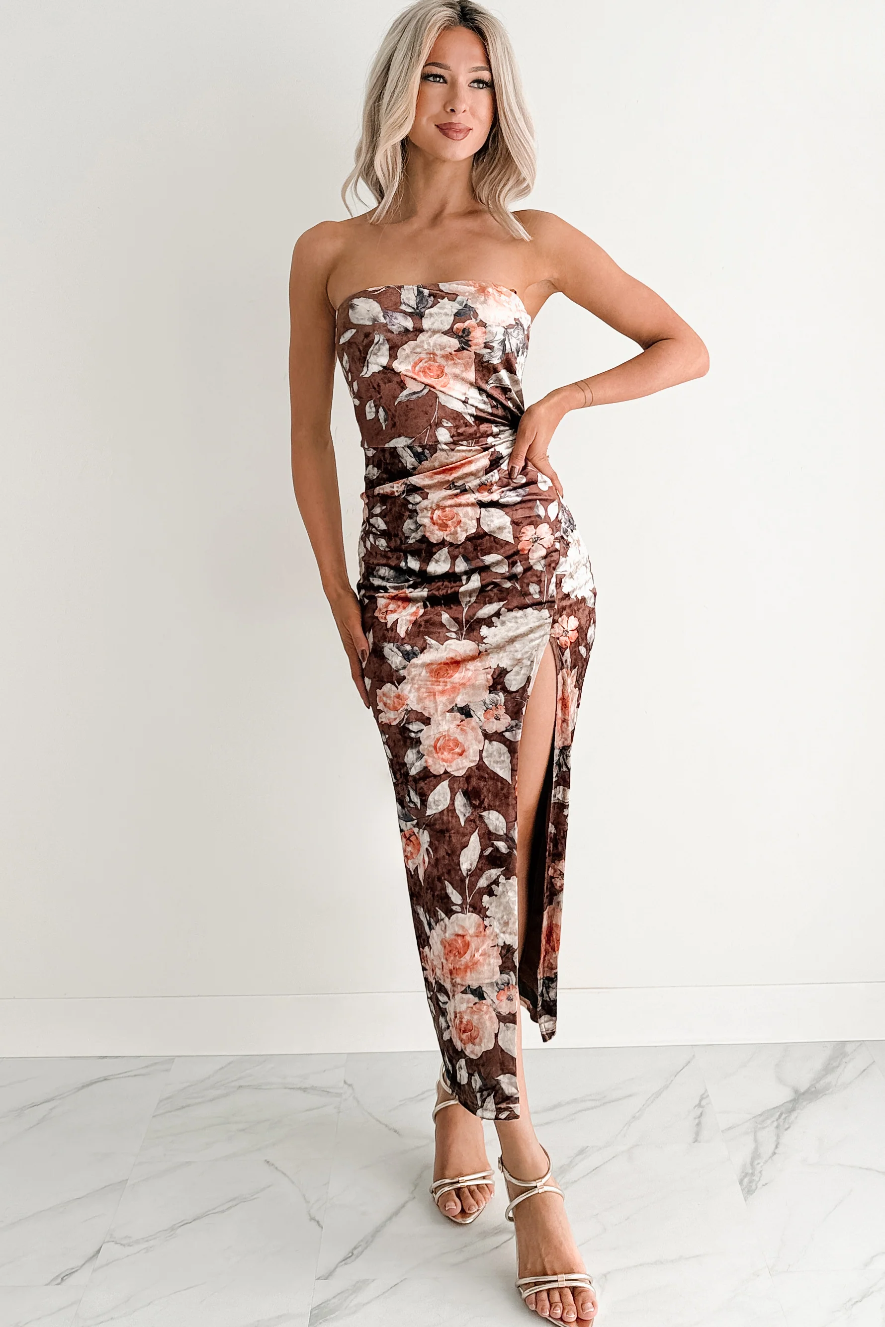 Give & Grow Strapless Velvet Midi Dress (Brown) - Image 5
