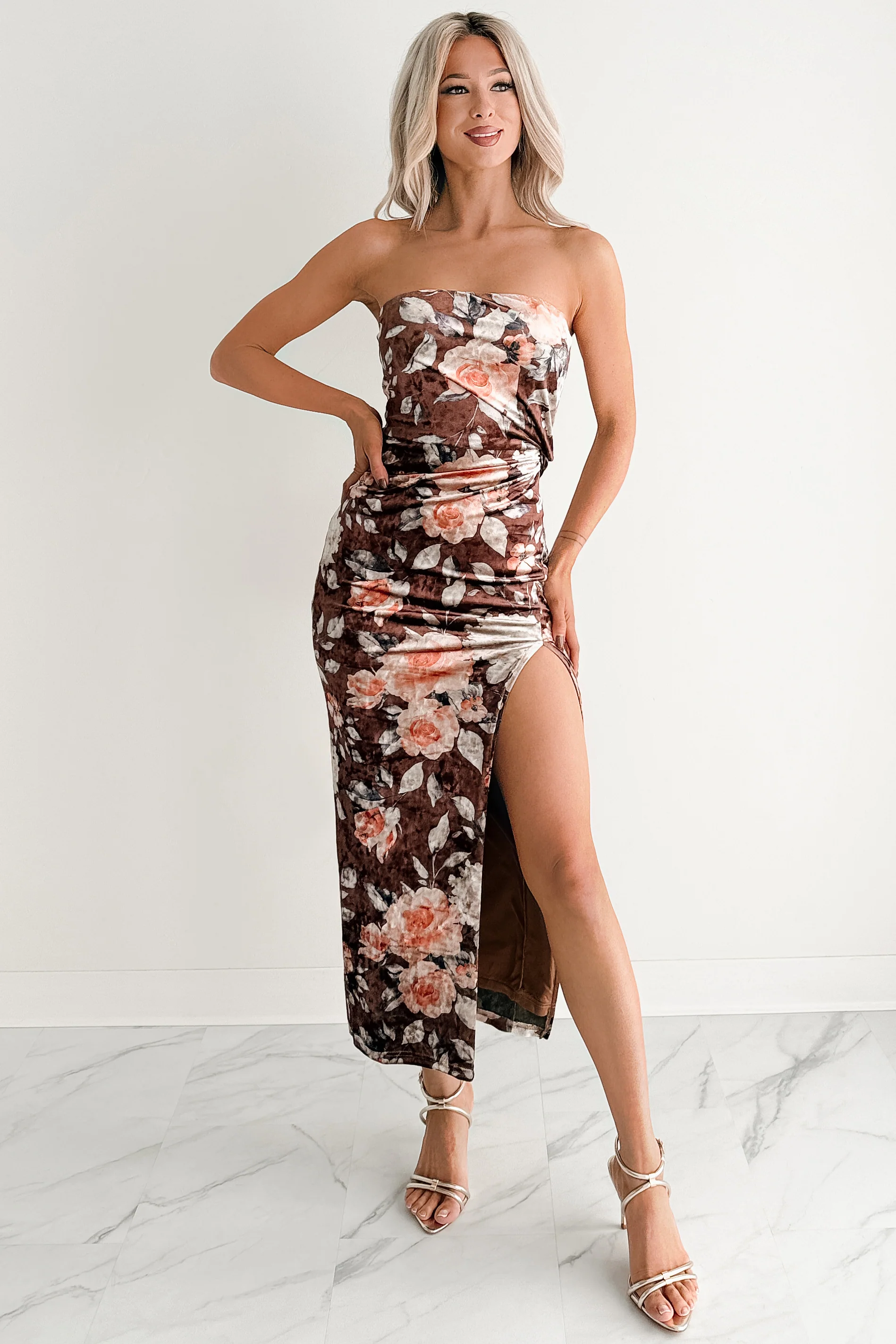 Give & Grow Strapless Velvet Midi Dress (Brown) - Image 6