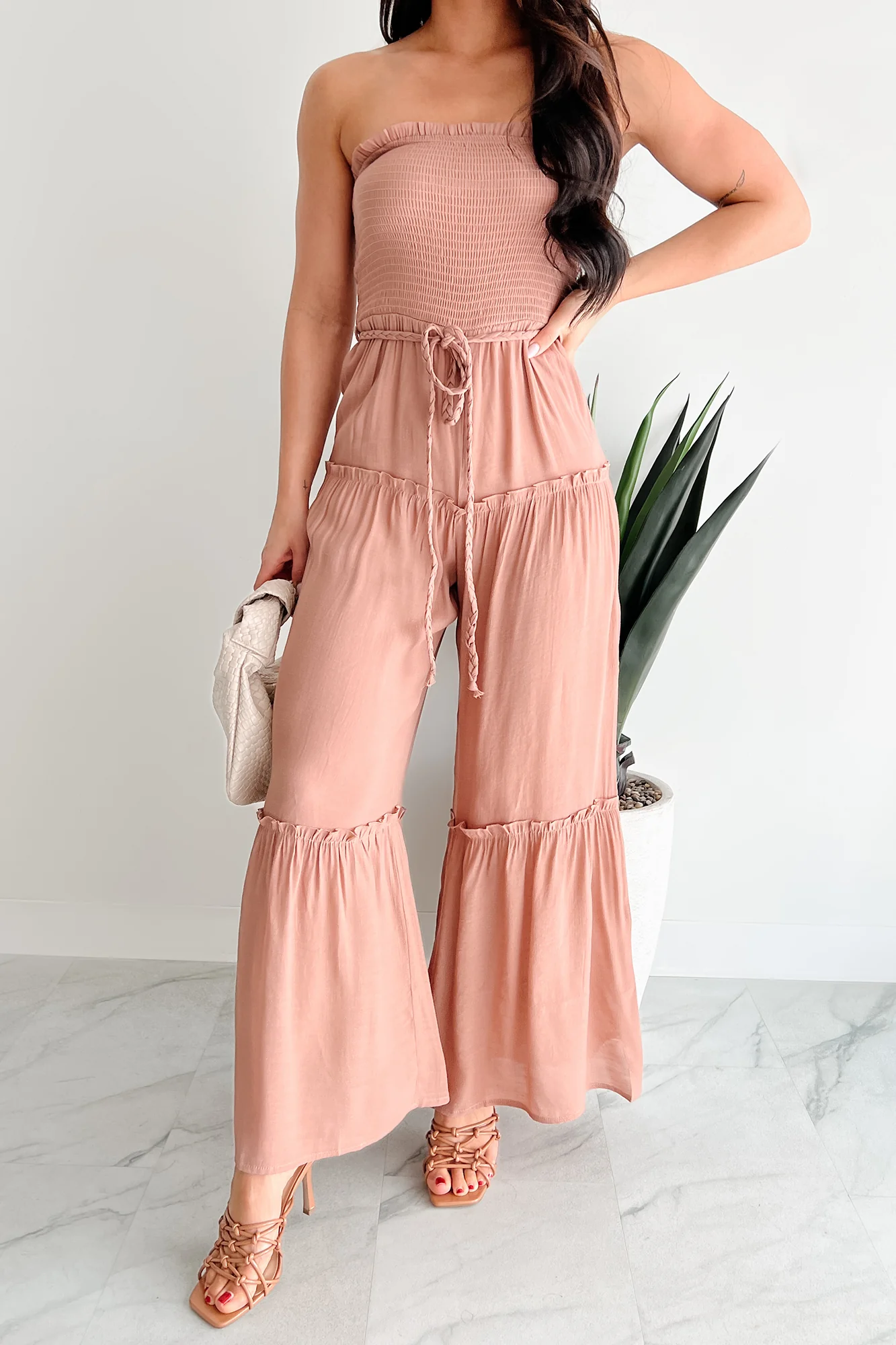 Glam Goddess Strapless Smocked Jumpsuit (Clay) - Image 2