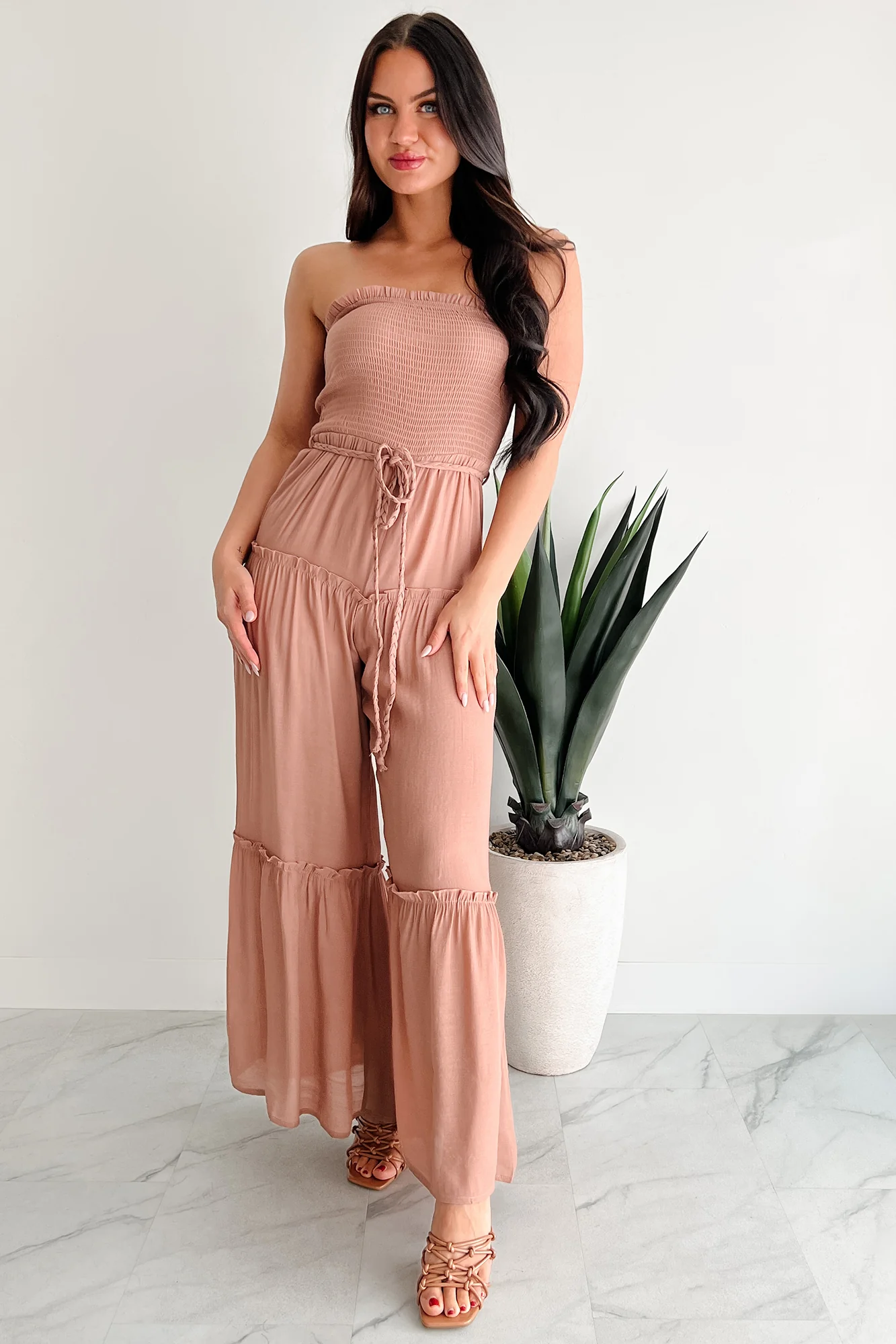 Glam Goddess Strapless Smocked Jumpsuit (Clay) - Image 5