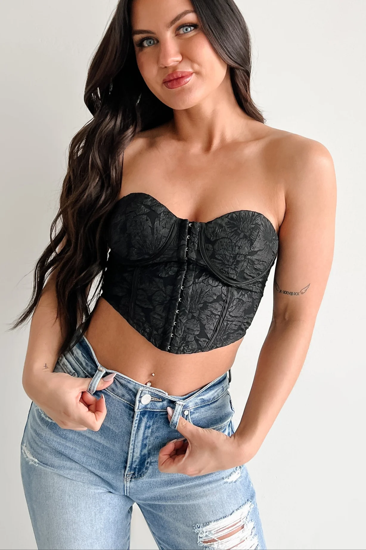 Glam Life Hook Front Strapless Floral Bustier Top (Black) - Image 3