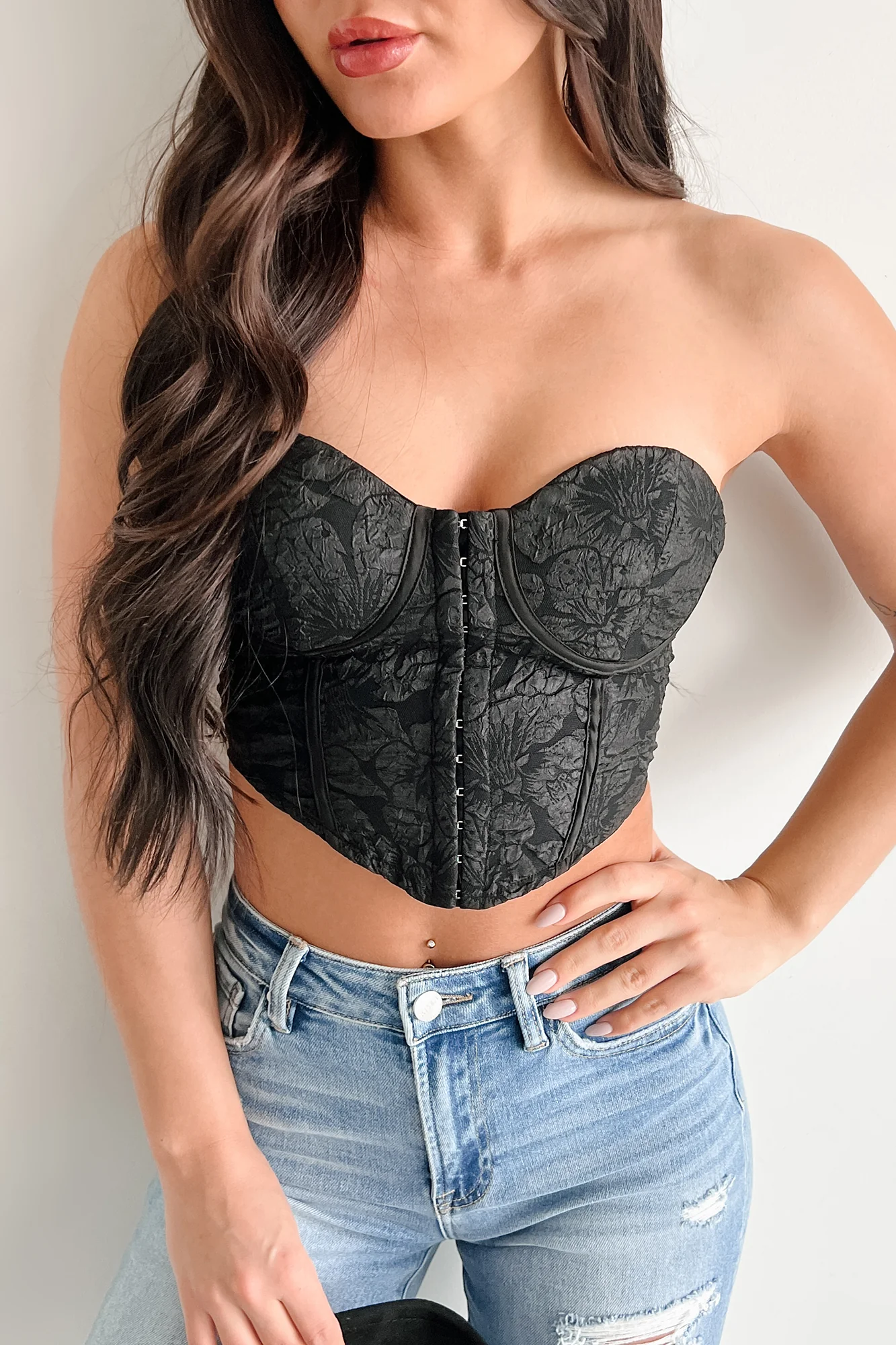 Glam Life Hook Front Strapless Floral Bustier Top (Black) - Image 4