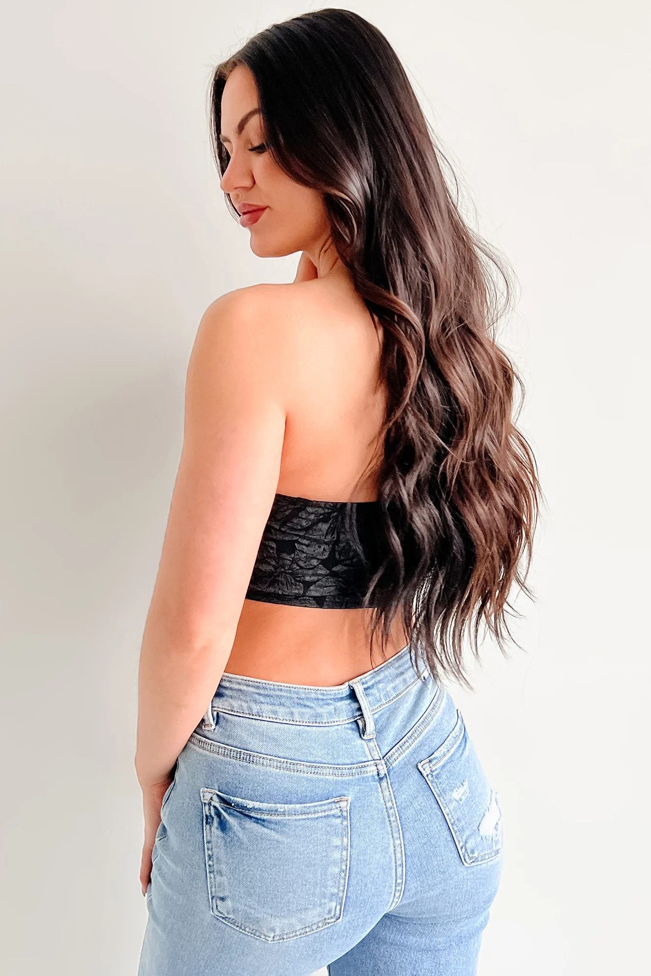 Glam Life Hook Front Strapless Floral Bustier Top (Black) - Image 5