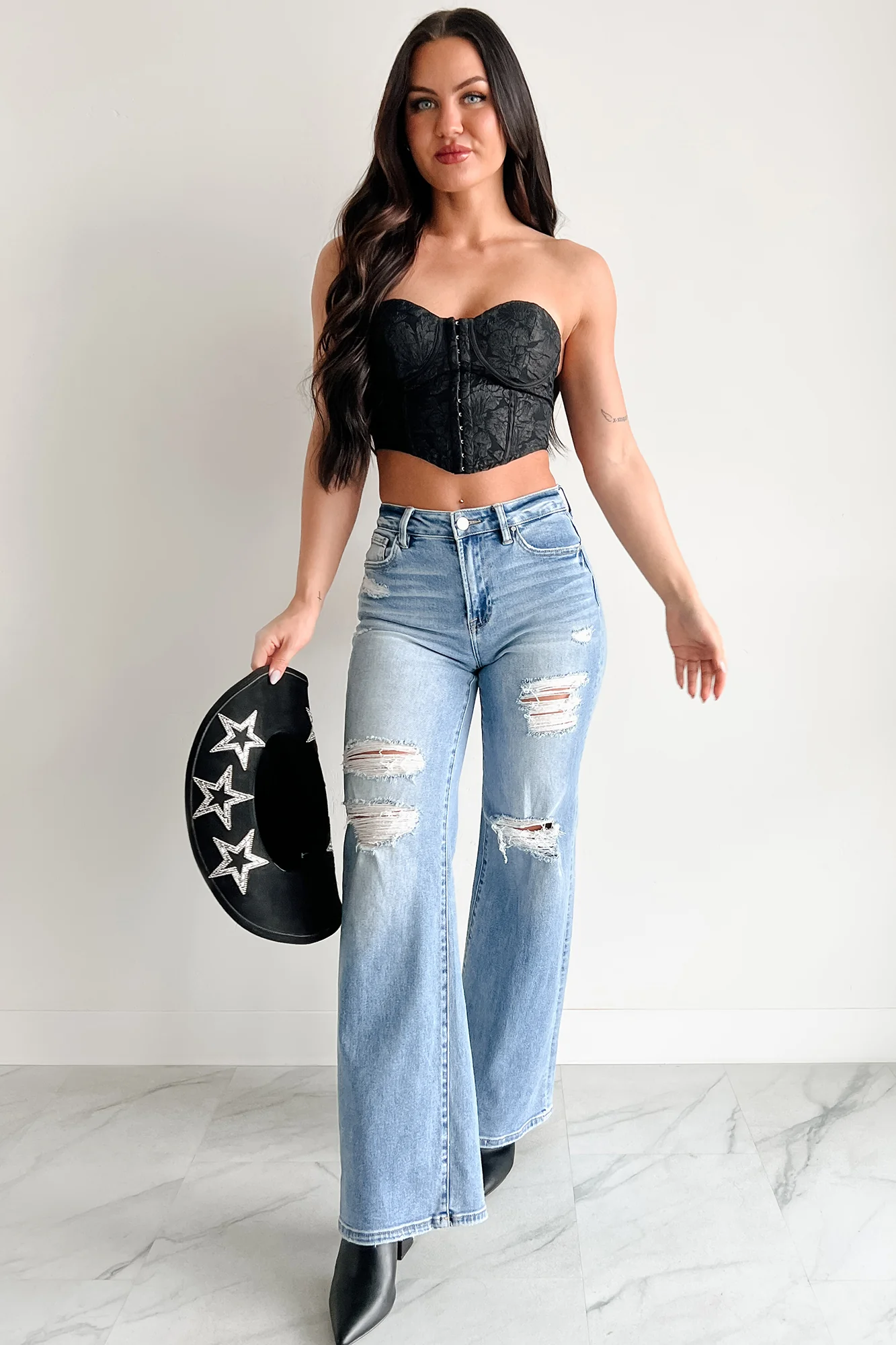 Glam Life Hook Front Strapless Floral Bustier Top (Black) - Image 7
