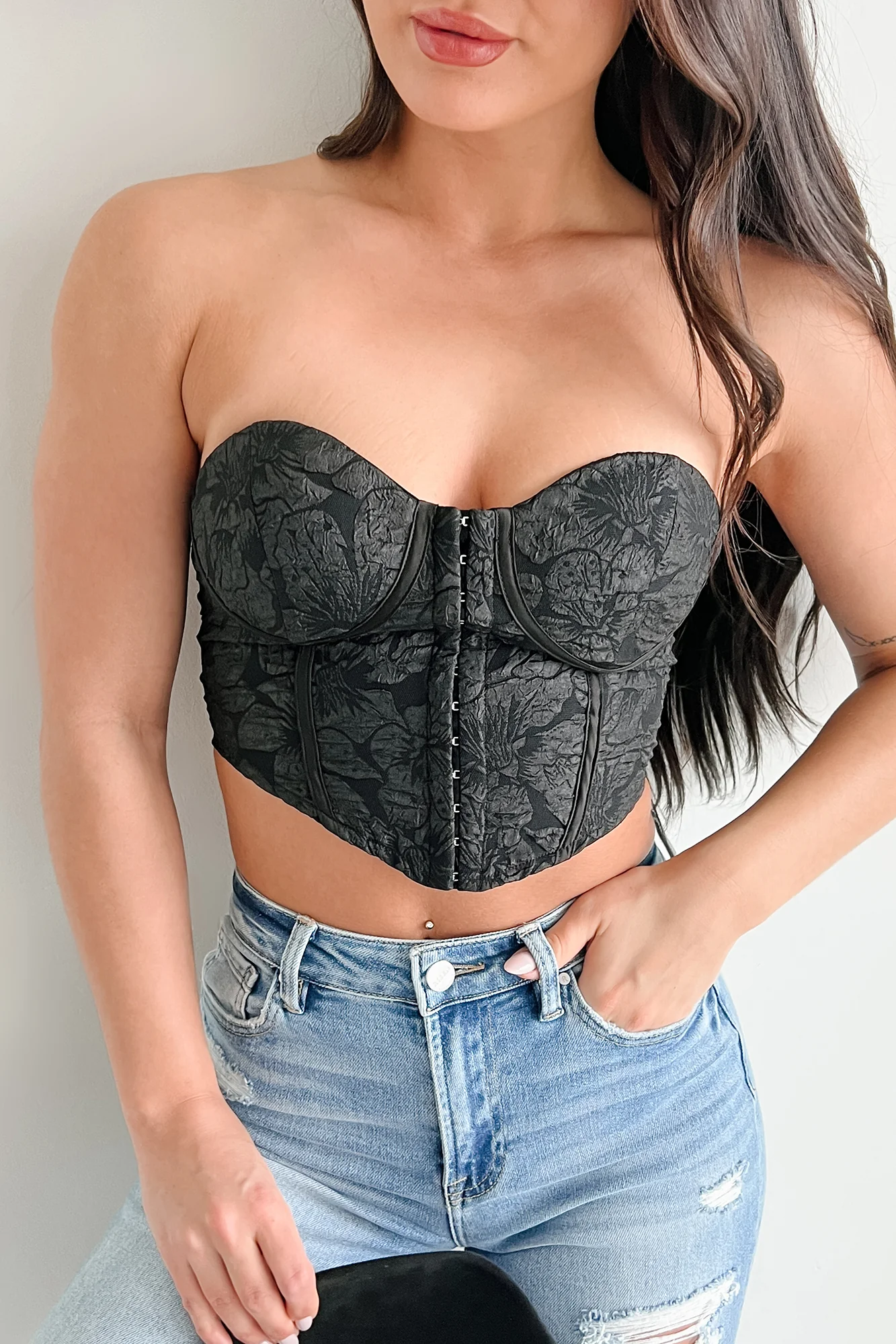 Glam Life Hook Front Strapless Floral Bustier Top (Black) - Image 9