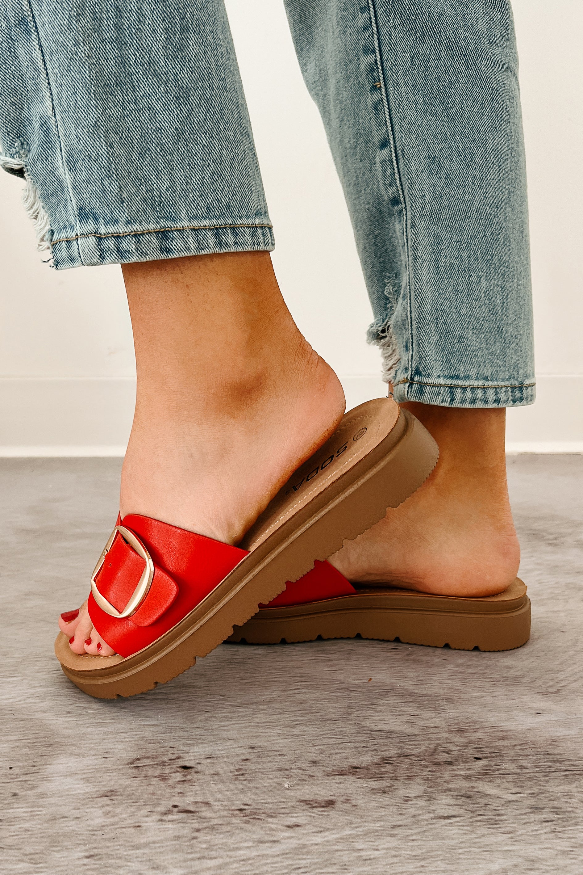Glamour Reign Buckle Strap Platform Sandals (Red) - Image 4