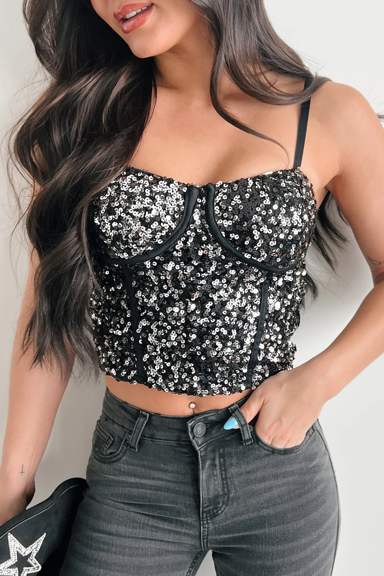 Gleaming Goddess Sequin Corset Top (Black/Silver) - Image 3