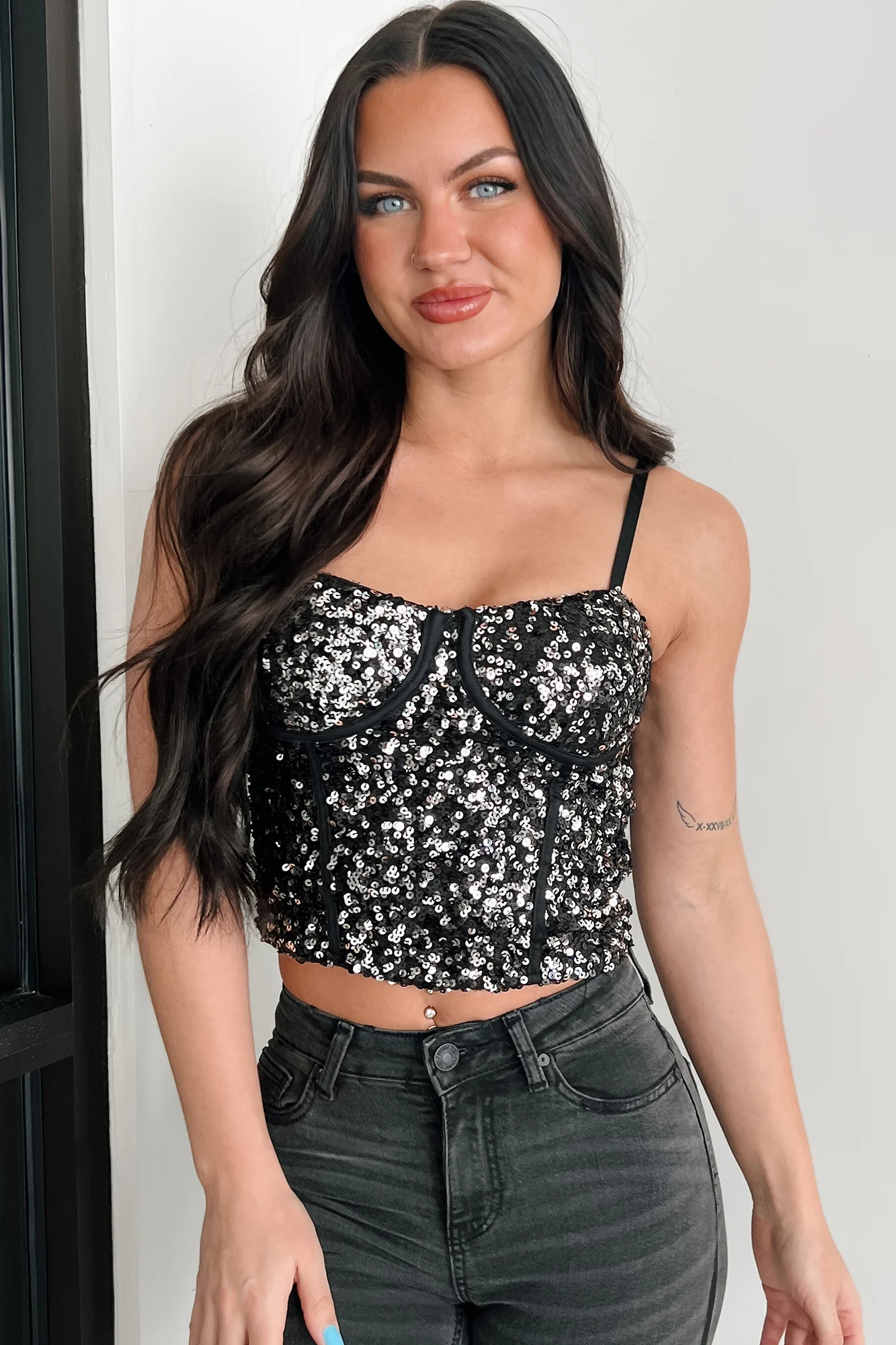 Gleaming Goddess Sequin Corset Top (Black/Silver) - Image 6