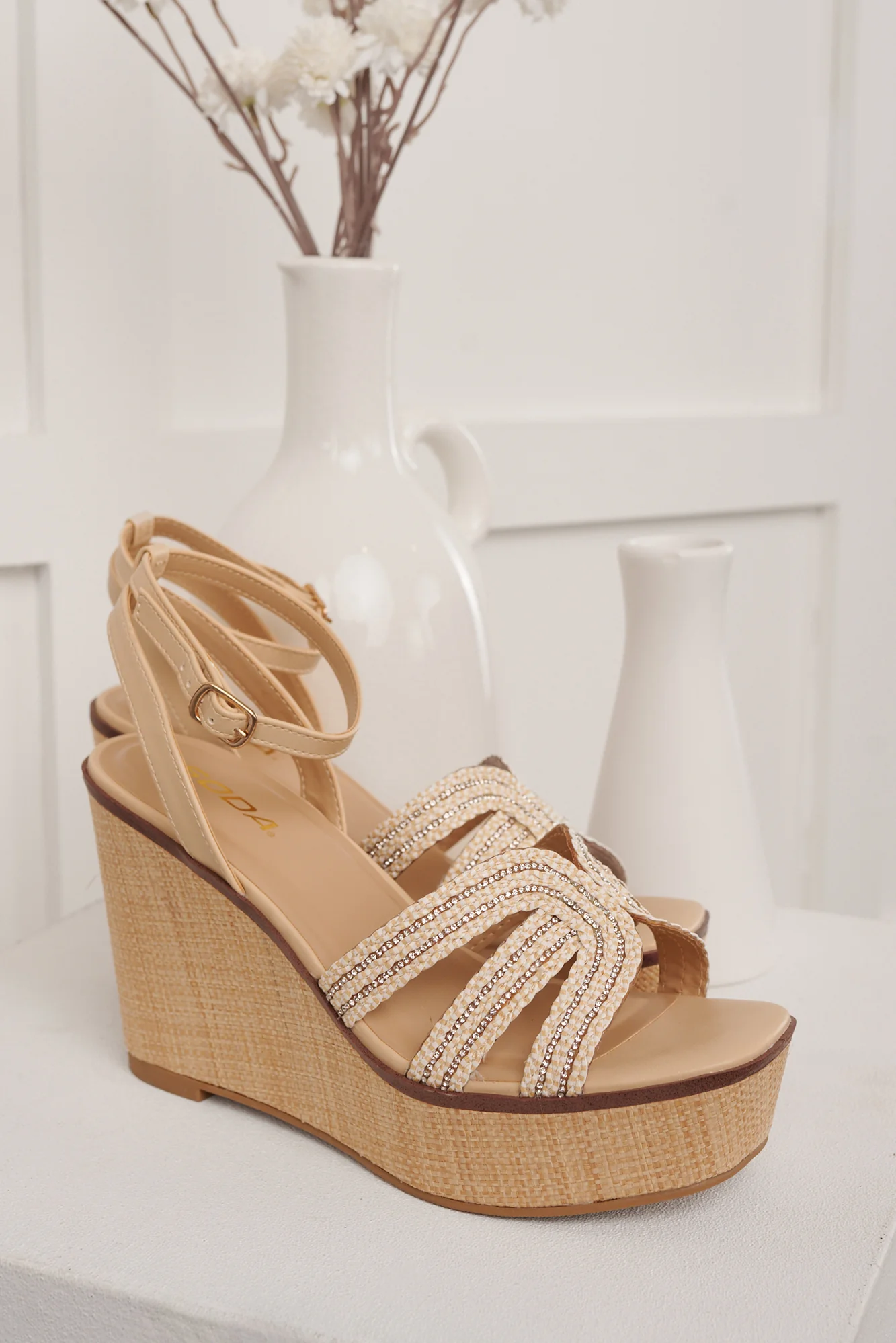 Glitter & Glances Rhinestone Strap Raffia Wedges (Light Beige) - Image 2