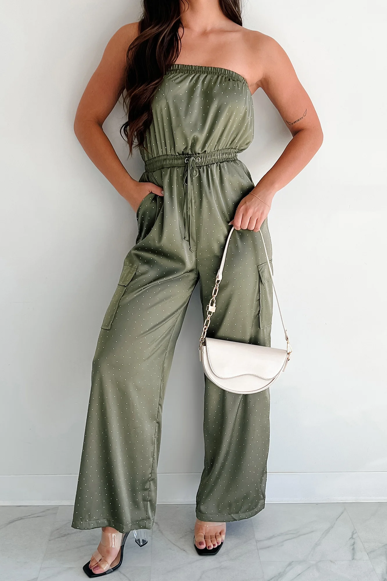 Glittering Goddess Rhinestone Embellished Jumpsuit (Olive) - Image 2