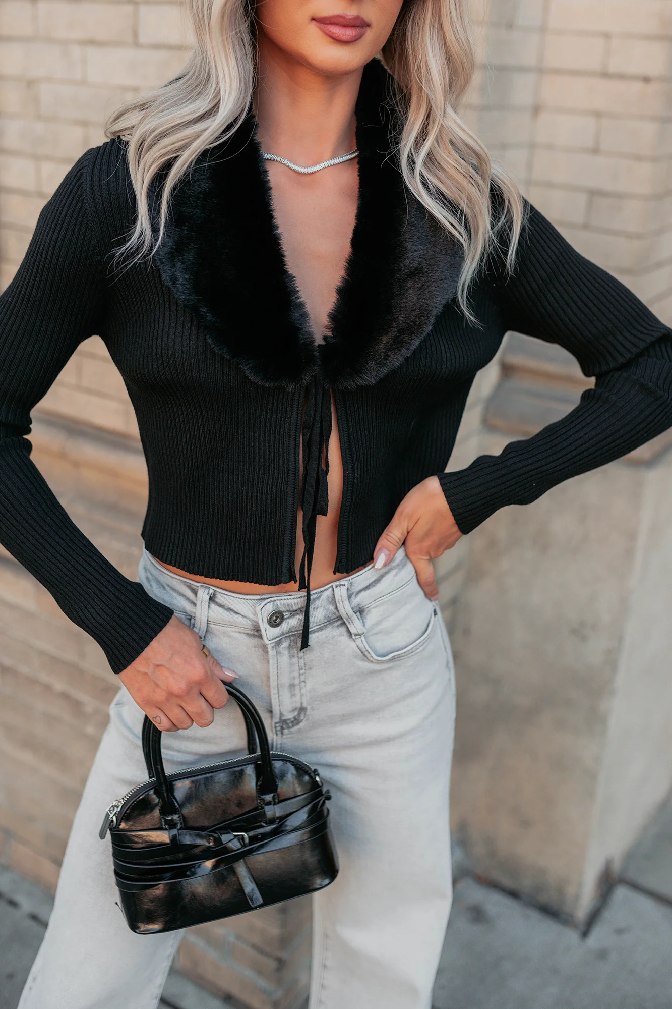 Glitz Happens Detachable Fur Collar Top (Black) - Image 7