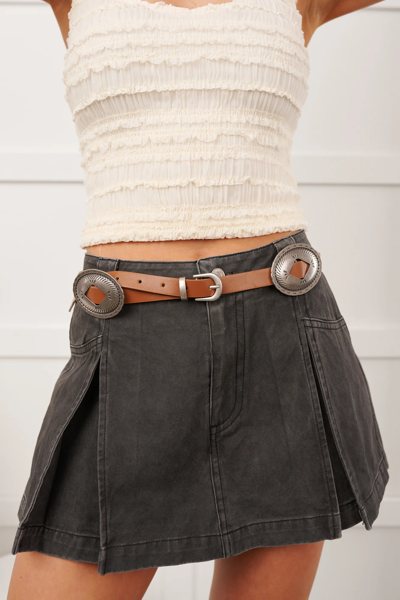 Glow & Conquer Faux Leather Thin Concho Belt (Brown) - Image 3