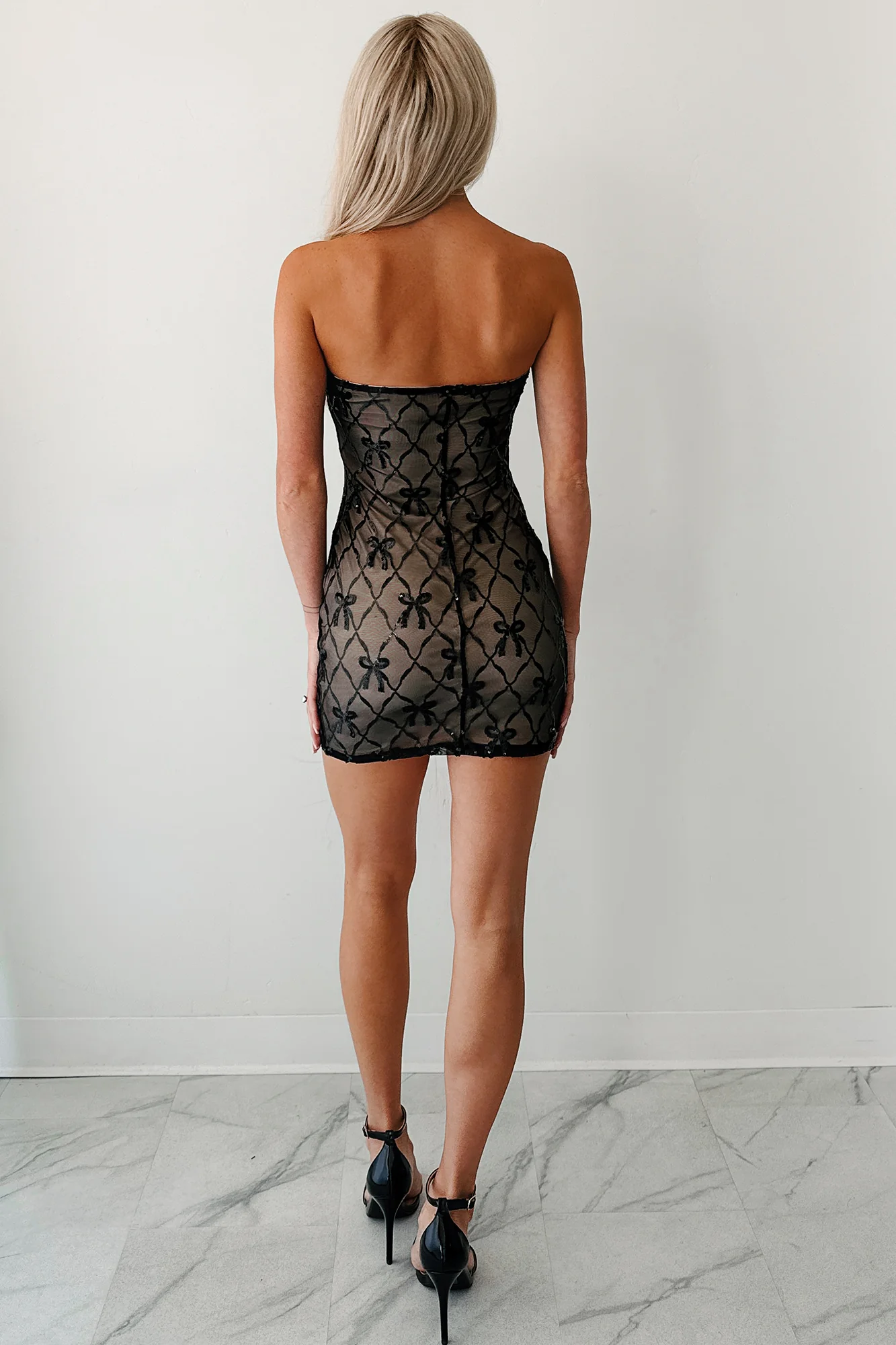 Glow On The Low Sequin Bow Print Mini Dress (Black) - Image 4