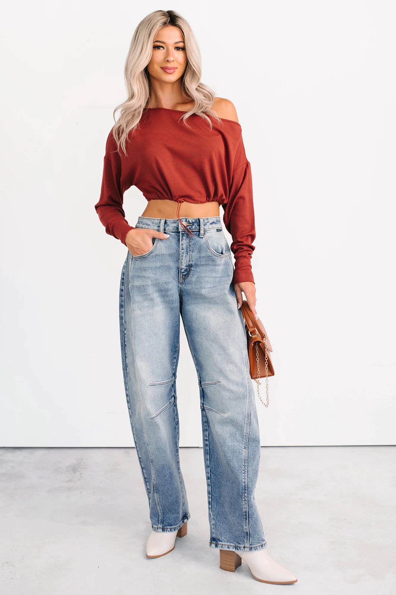 Glow Up Goals Ribbed Off The Shoulder Crop Top (Brick Red) - Image 4