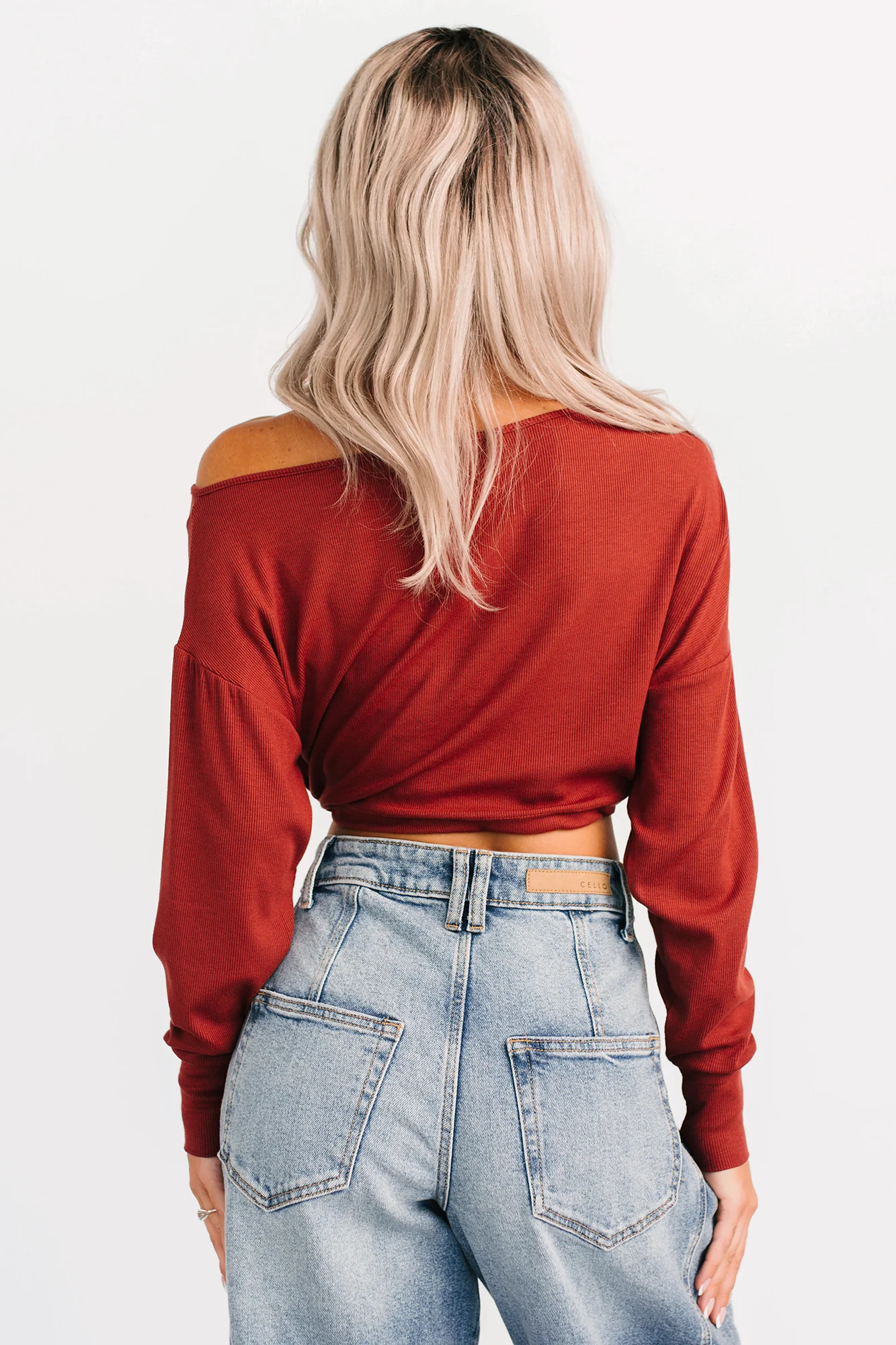Glow Up Goals Ribbed Off The Shoulder Crop Top (Brick Red) - Image 5
