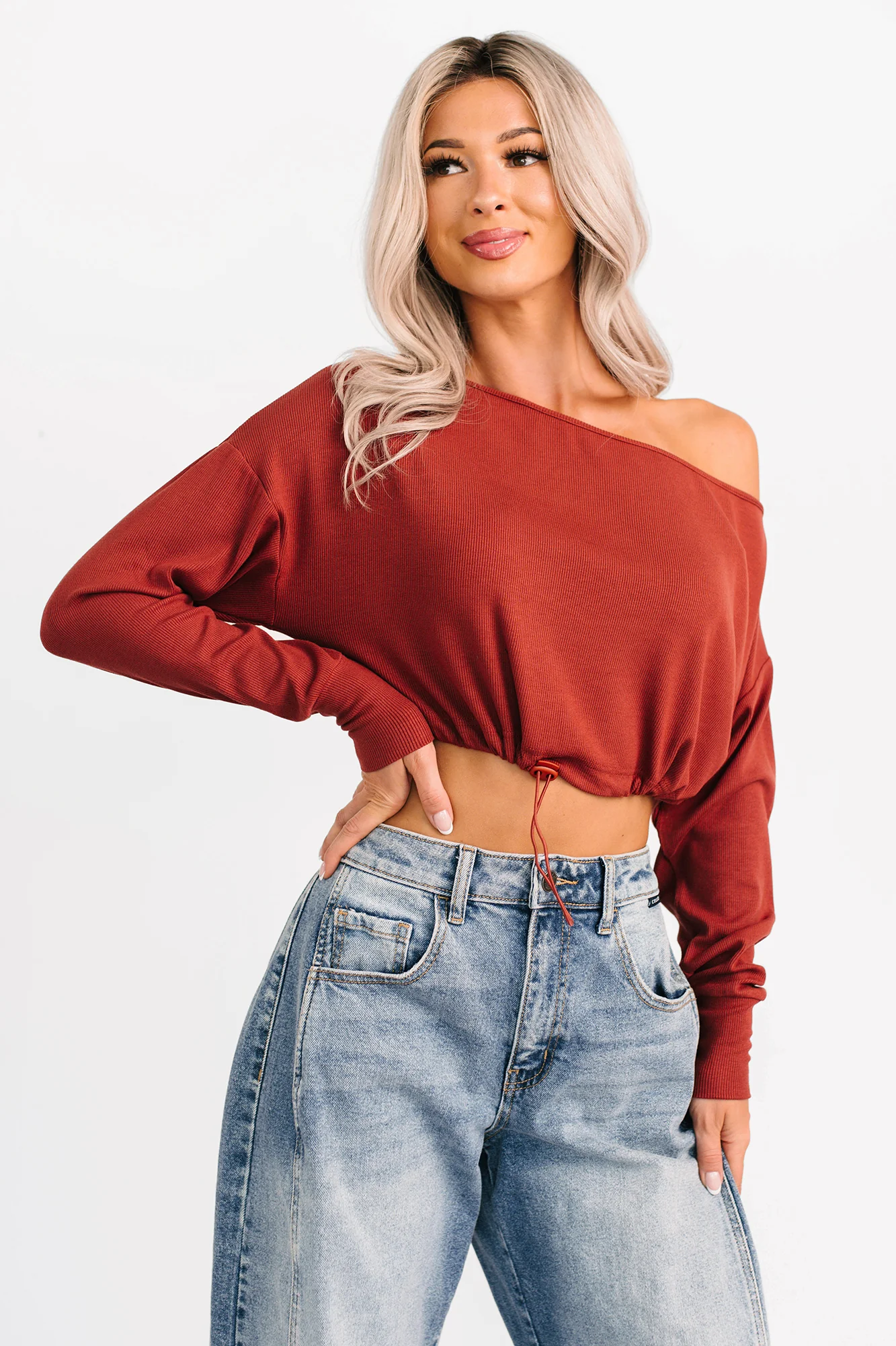 Glow Up Goals Ribbed Off The Shoulder Crop Top (Brick Red) - Image 6