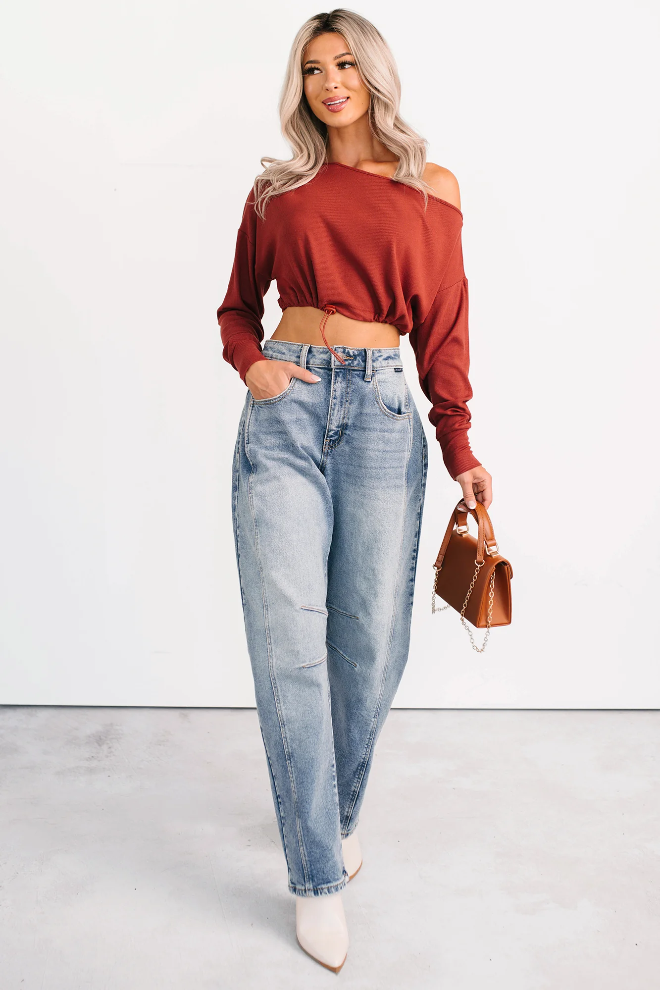 Glow Up Goals Ribbed Off The Shoulder Crop Top (Brick Red) - Image 7