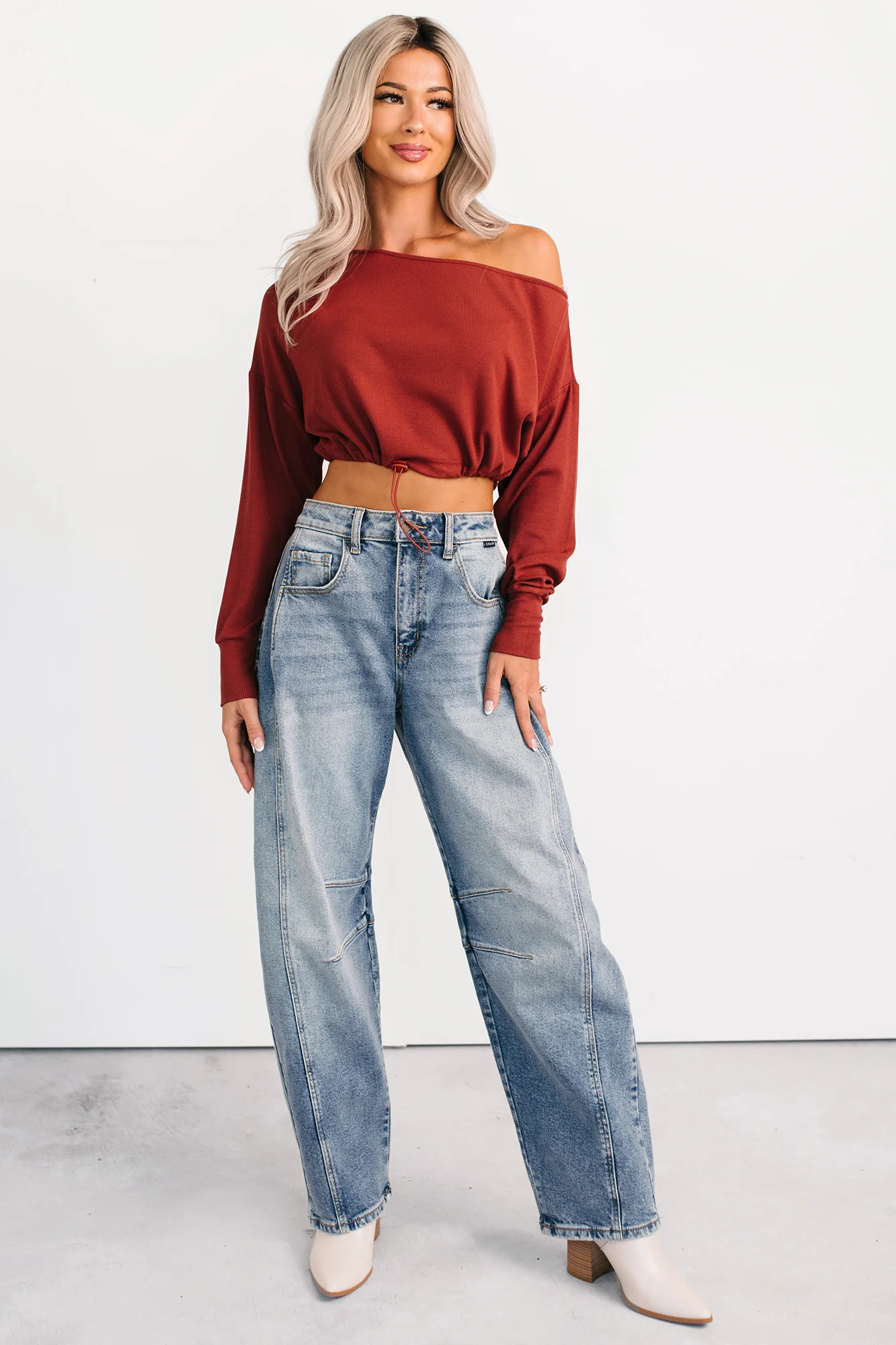 Glow Up Goals Ribbed Off The Shoulder Crop Top (Brick Red) - Image 8