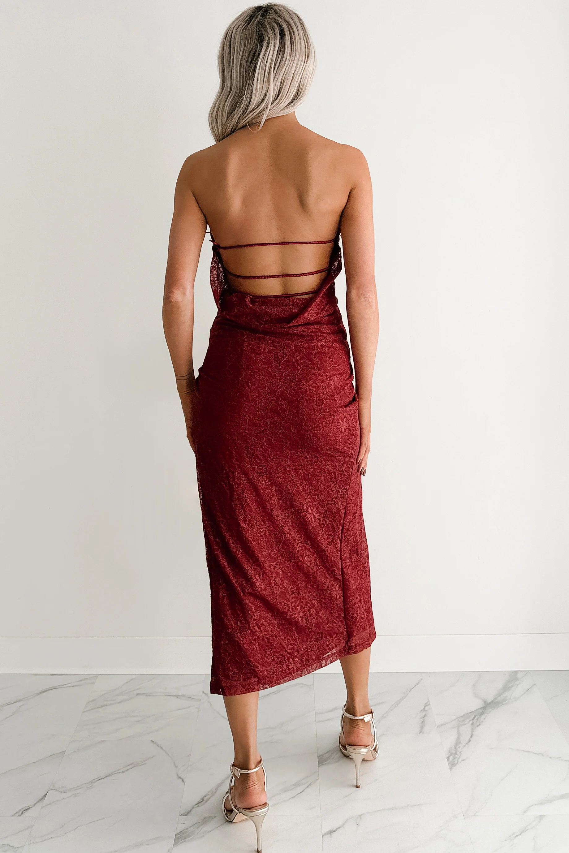 Glow Your Way Strapless Floral Midi Dress (Wine) - Image 2
