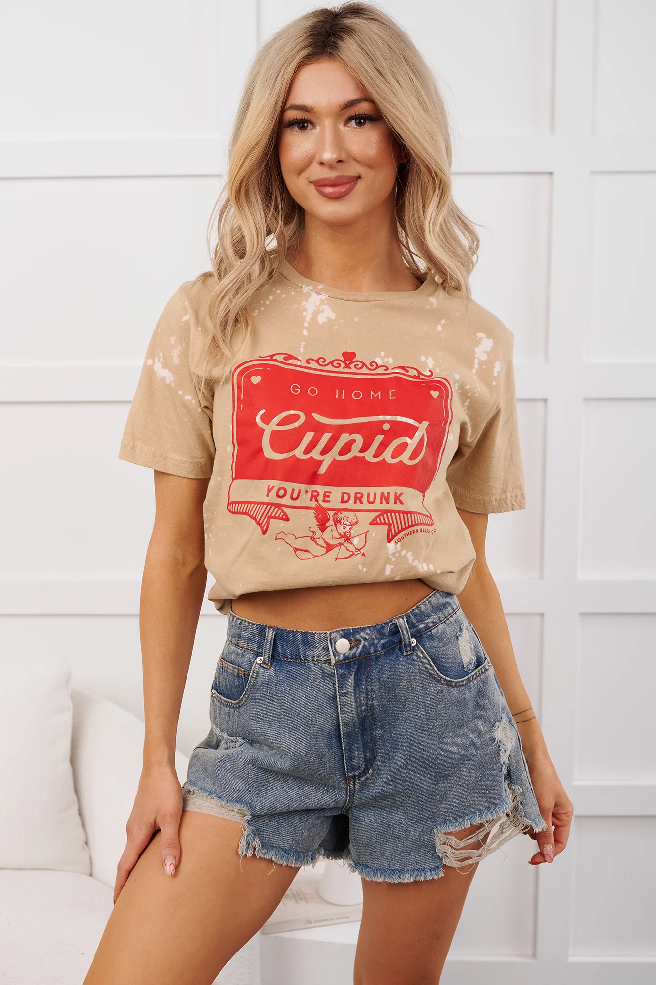 "Go Home Cupid You're Drunk" Graphic T-Shirt (Tan Bleached) - Image 3