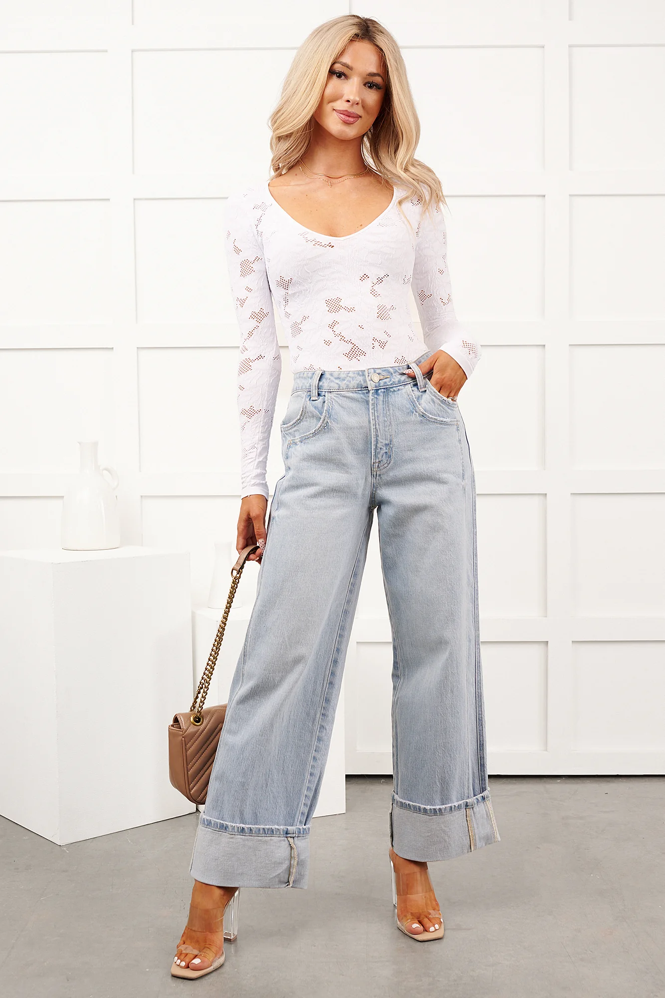 Go With It Long Sleeve Floral Textured Bodysuit (White) - Image 3