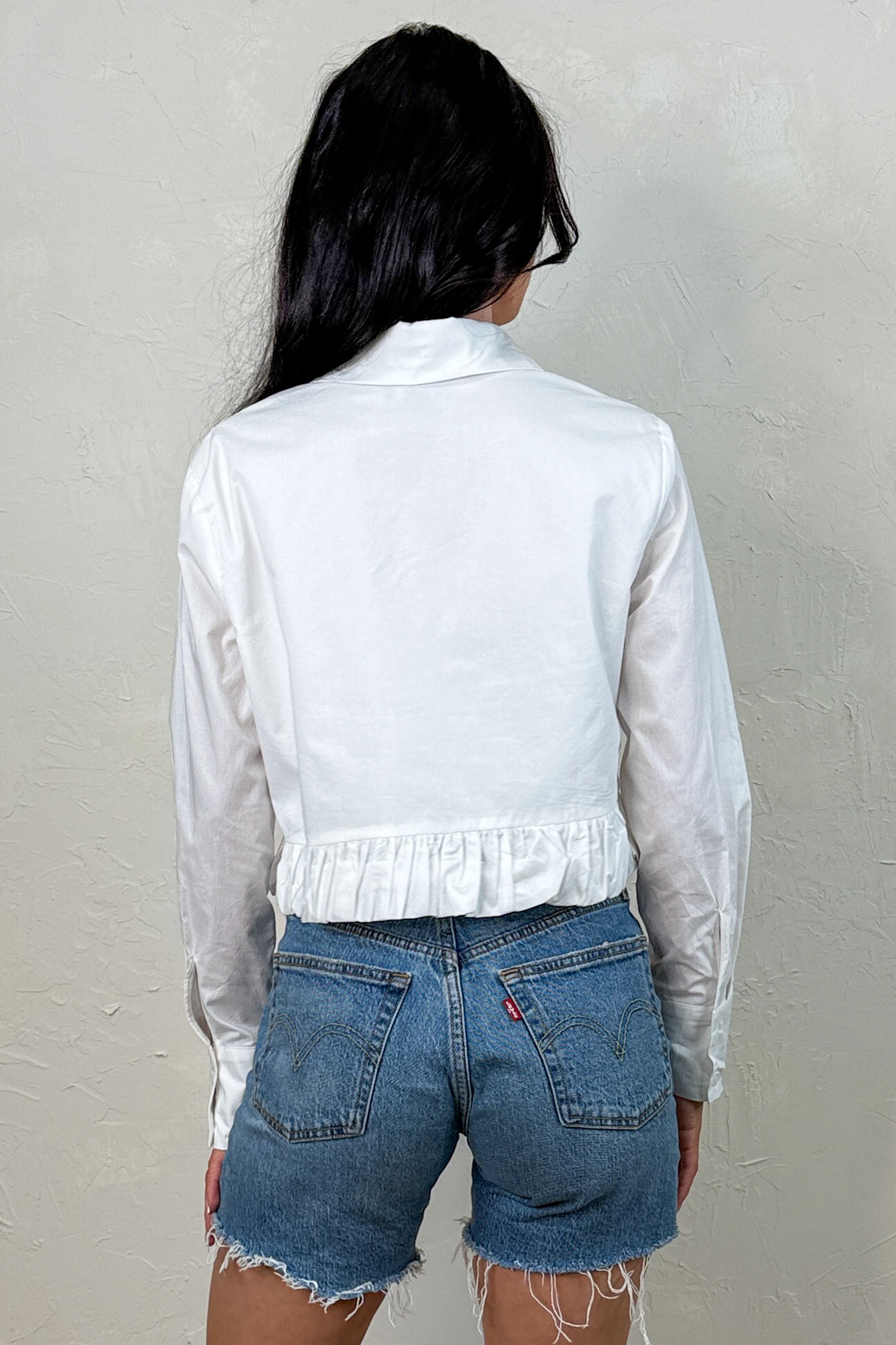 Golden Grace Button Up Ruffle Hem Cotton Blouse (White) - Image 6