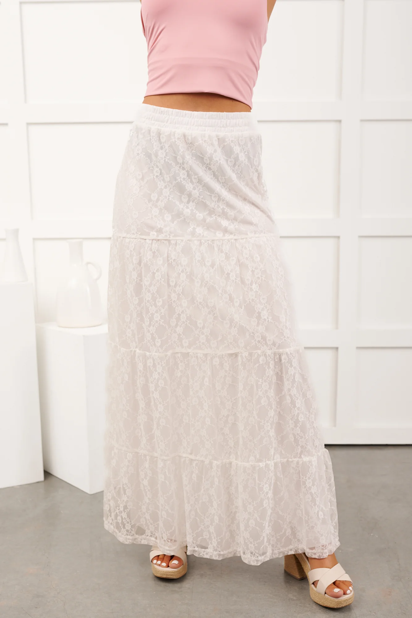 Golden Haze Floral Lace Tiered Maxi Skirt (Off White) - Image 12