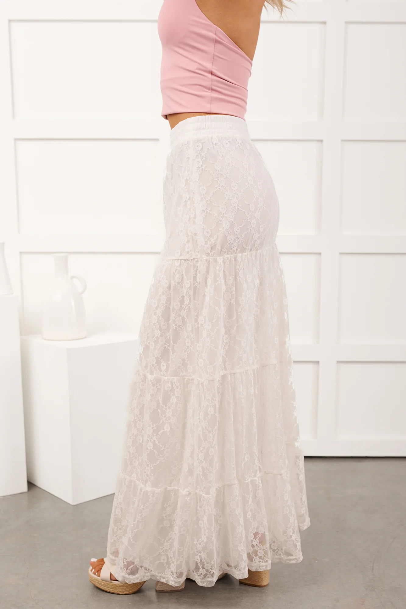 Golden Haze Floral Lace Tiered Maxi Skirt (Off White) - Image 13