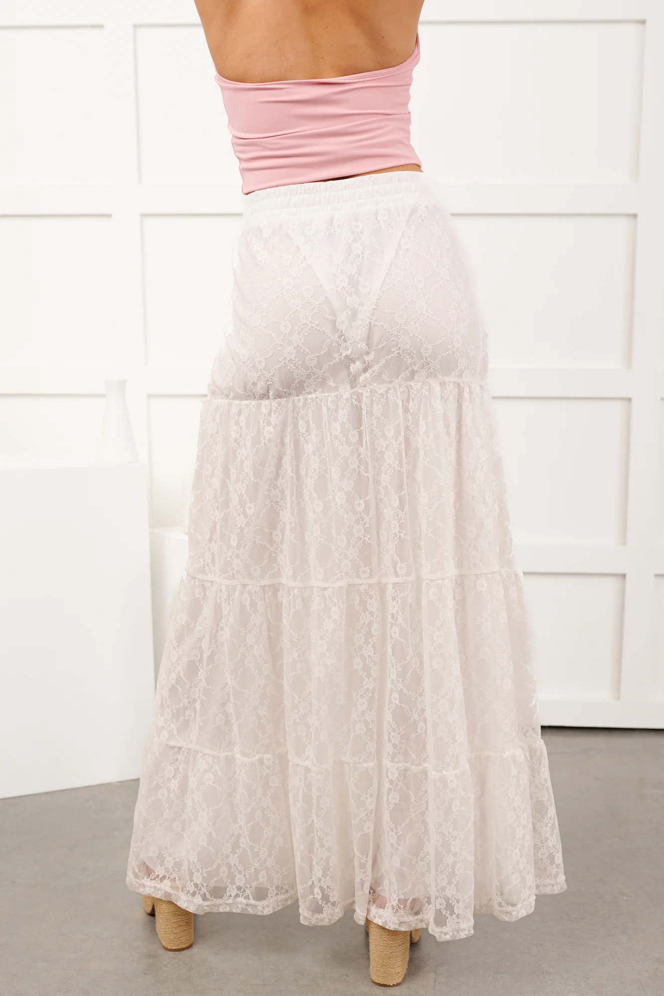 Golden Haze Floral Lace Tiered Maxi Skirt (Off White) - Image 14
