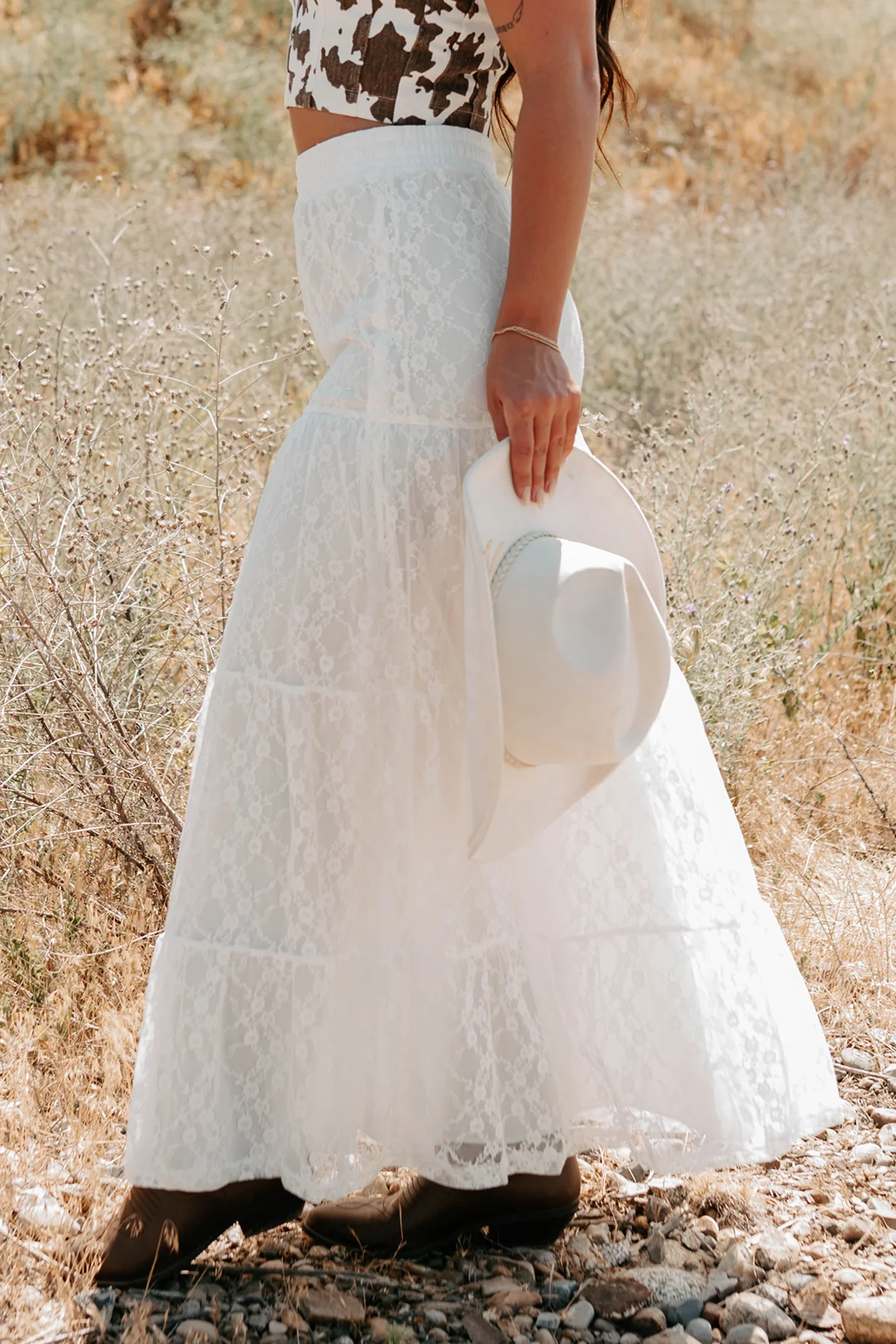 Golden Haze Floral Lace Tiered Maxi Skirt (Off White) - Image 5