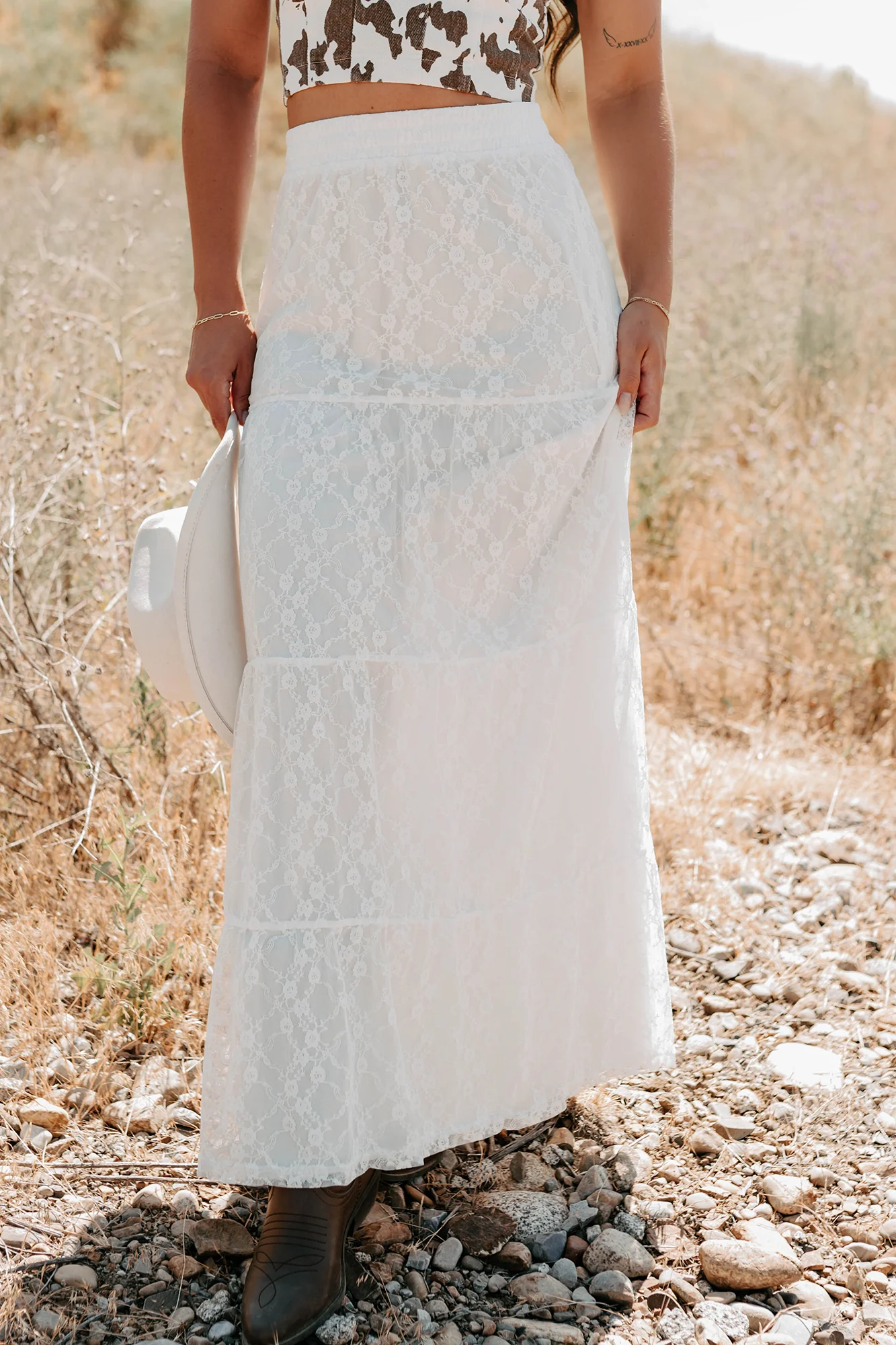 Golden Haze Floral Lace Tiered Maxi Skirt (Off White) - Image 7